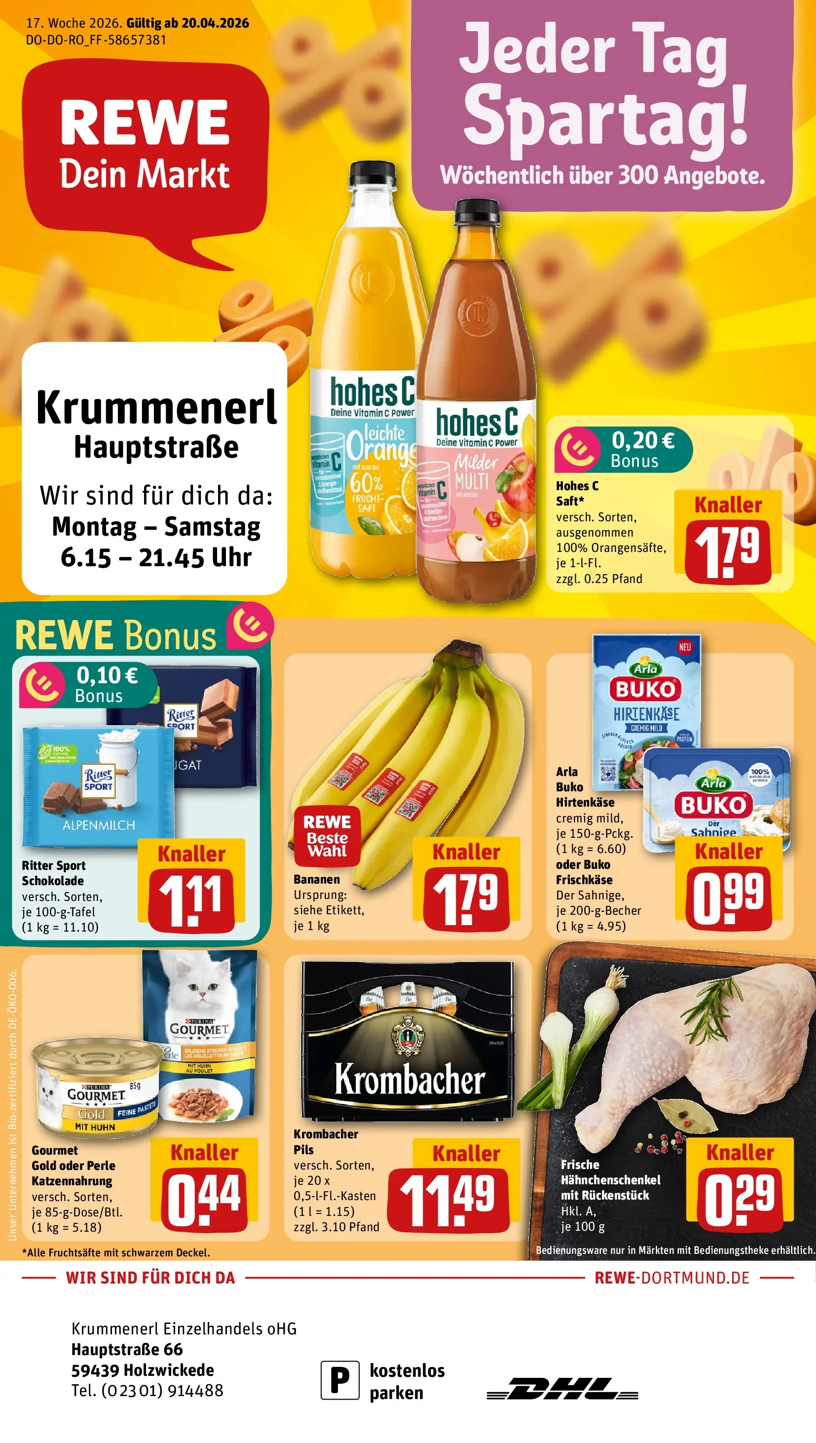 REWE Prospekt ab 20.04.2026 zum Blättern » Angebote | Seite: 1 | Produkte: Pils, Arla buko, Hohes c, Frischkase