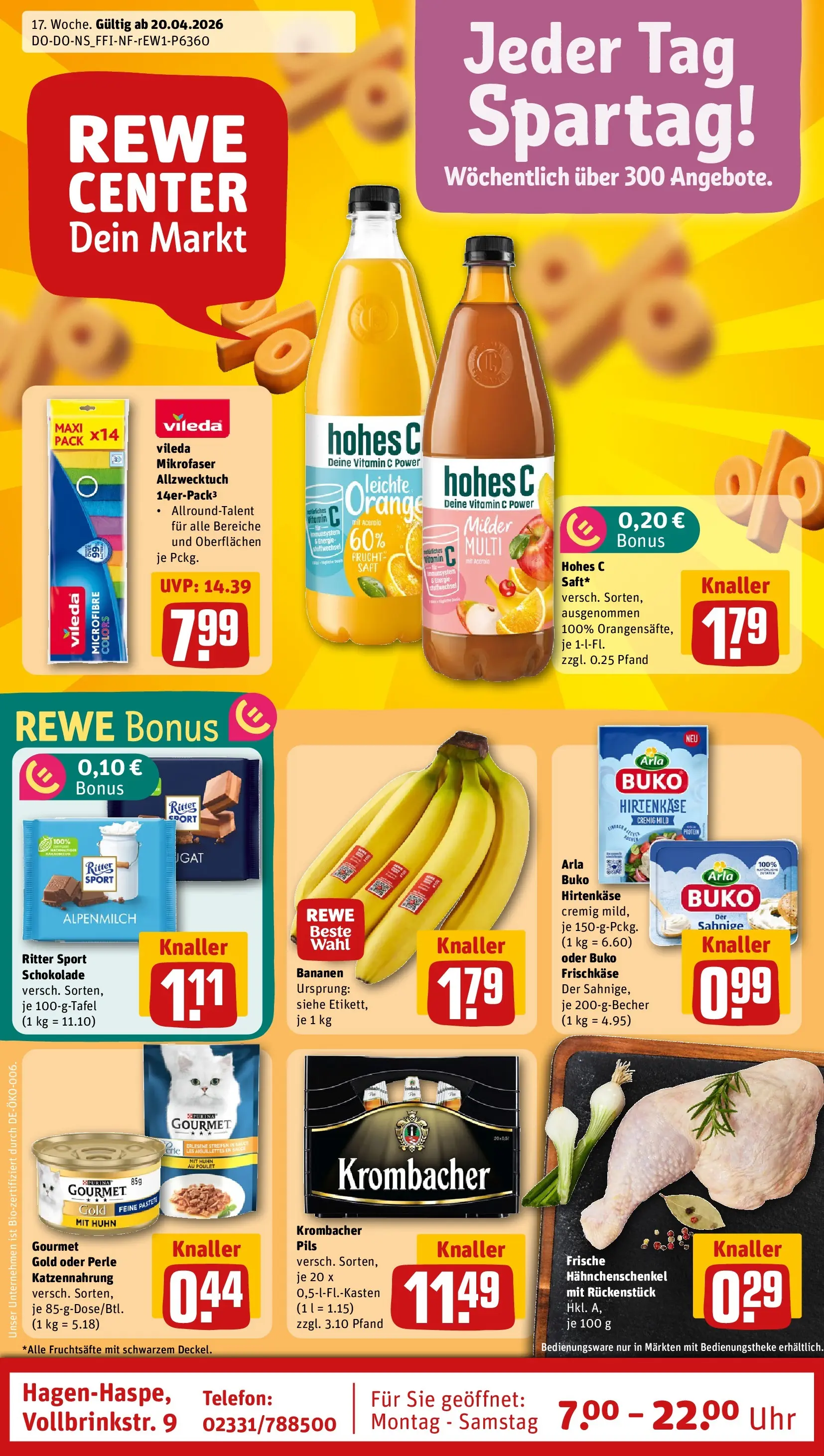 REWE Prospekt ab 20.04.2026 zum Blättern » Angebote | Seite: 1 | Produkte: Hahnchenschenkel, Ritter sport, Uhr, Frischkase