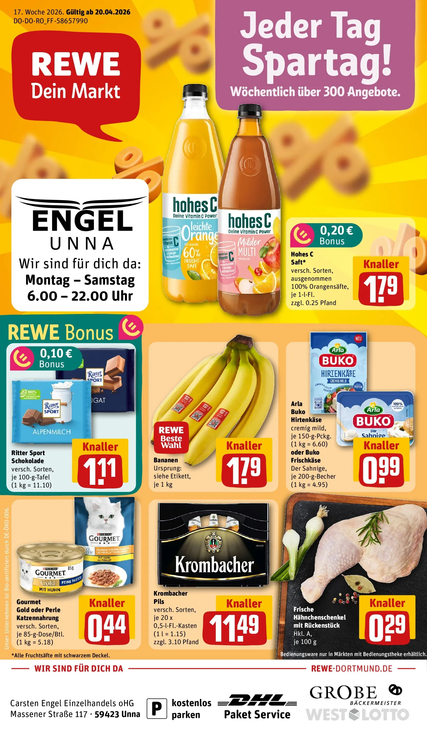 REWE Prospekt ab 20.04.2026 zum Blättern » Angebote | Seite: 1 | Produkte: Bananen, Krombacher, Uhr, Frischkase