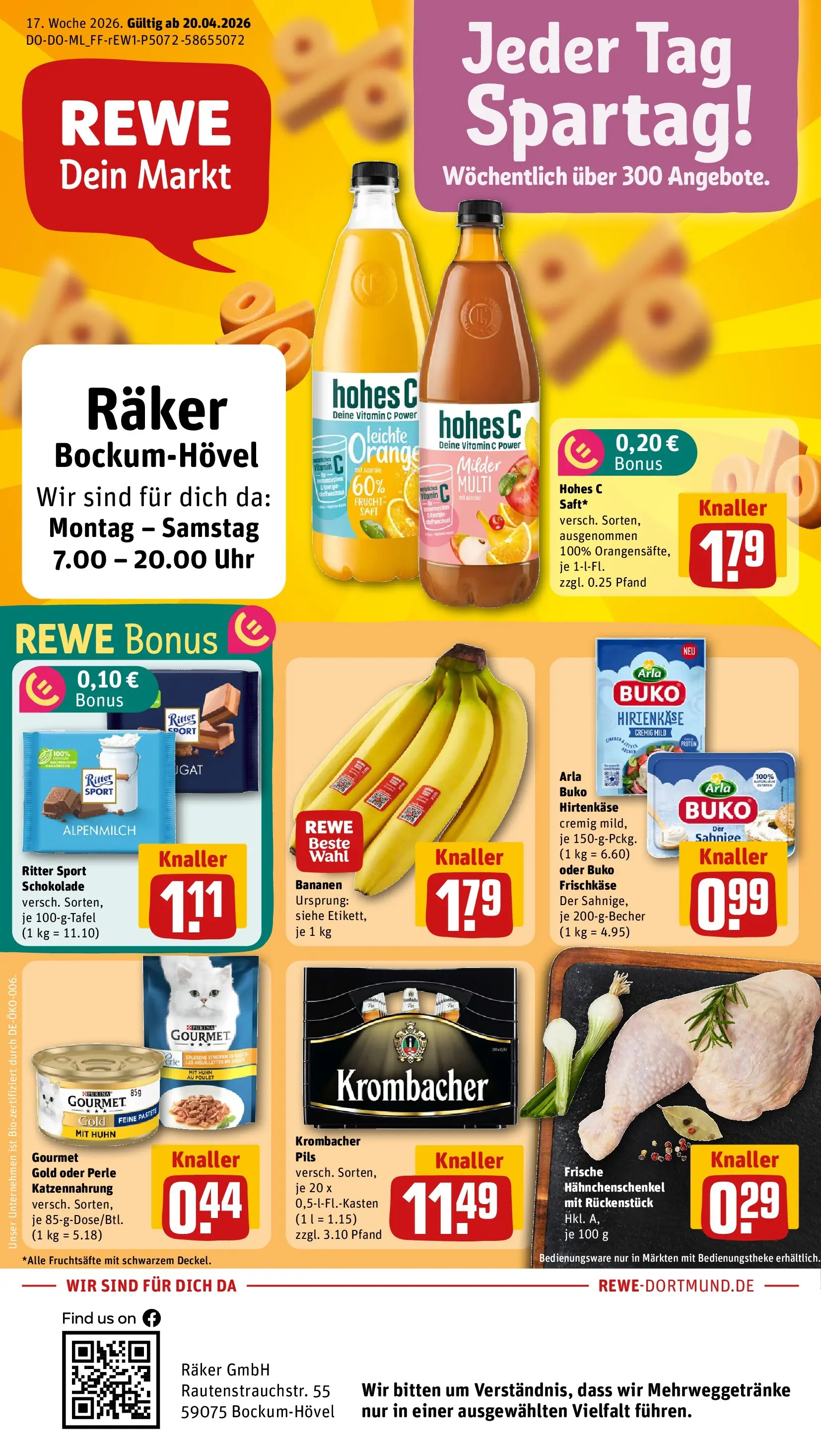 REWE Prospekt ab 20.04.2026 zum Blättern » Angebote | Seite: 1 | Produkte: Ritter sport, Bananen, Hohes c, Uhr