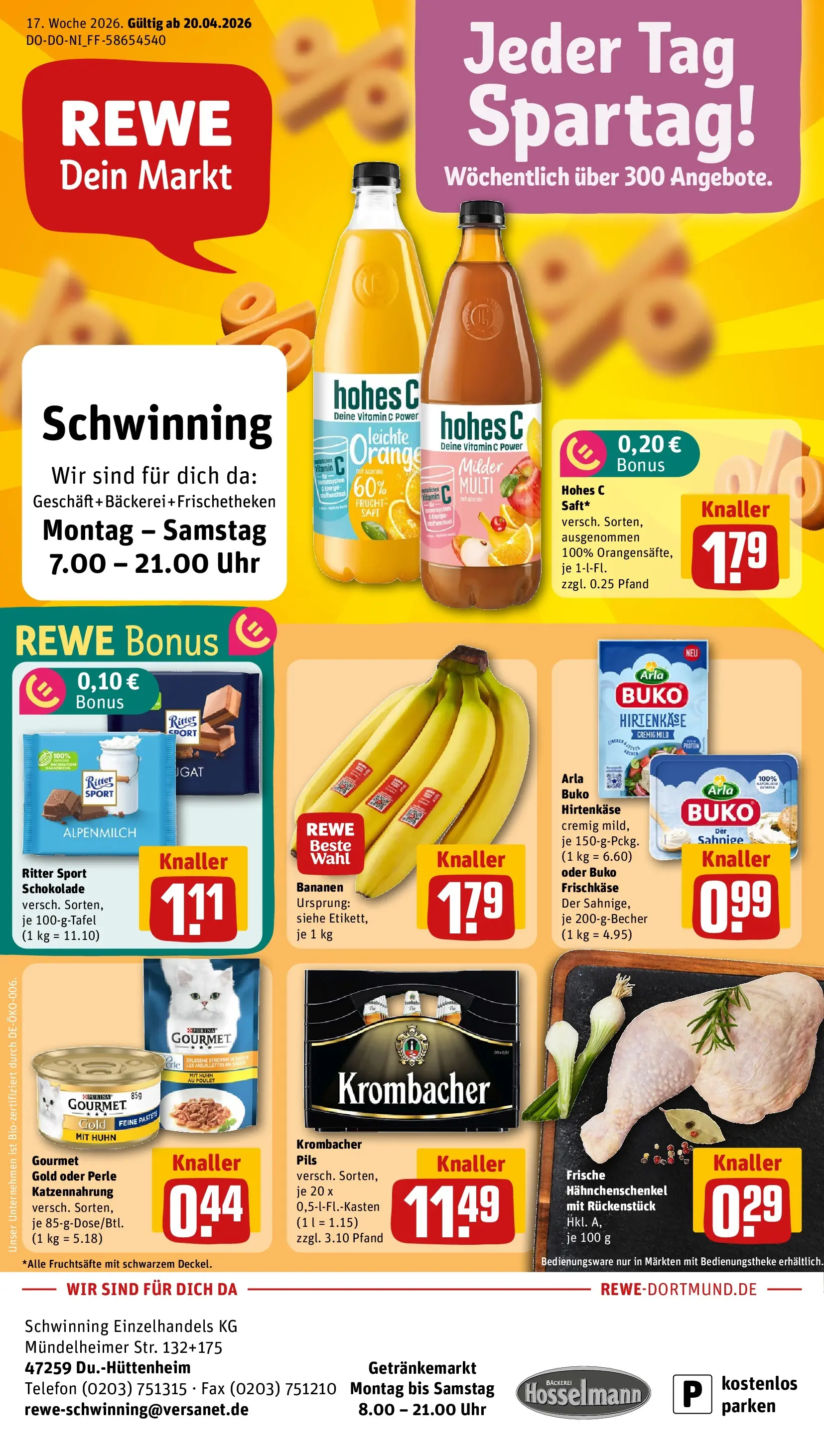 REWE Prospekt ab 20.04.2026 zum Blättern » Angebote | Seite: 1 | Produkte: Hahnchenschenkel, Arla buko, Hohes c, Frischkase