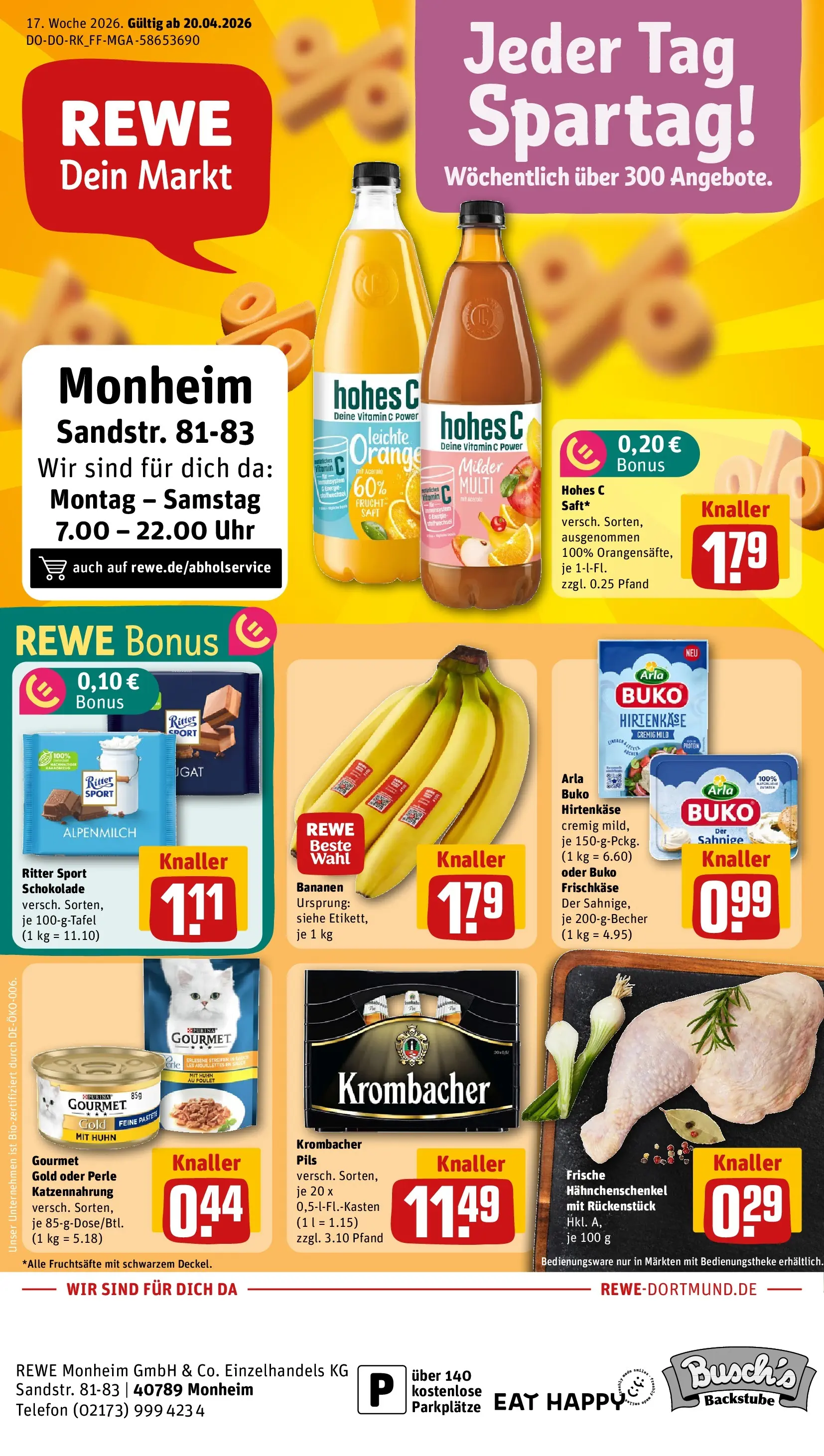 REWE Prospekt ab 20.04.2026 zum Blättern » Angebote | Seite: 1 | Produkte: Hahnchenschenkel, Arla buko, Krombacher, Frischkase