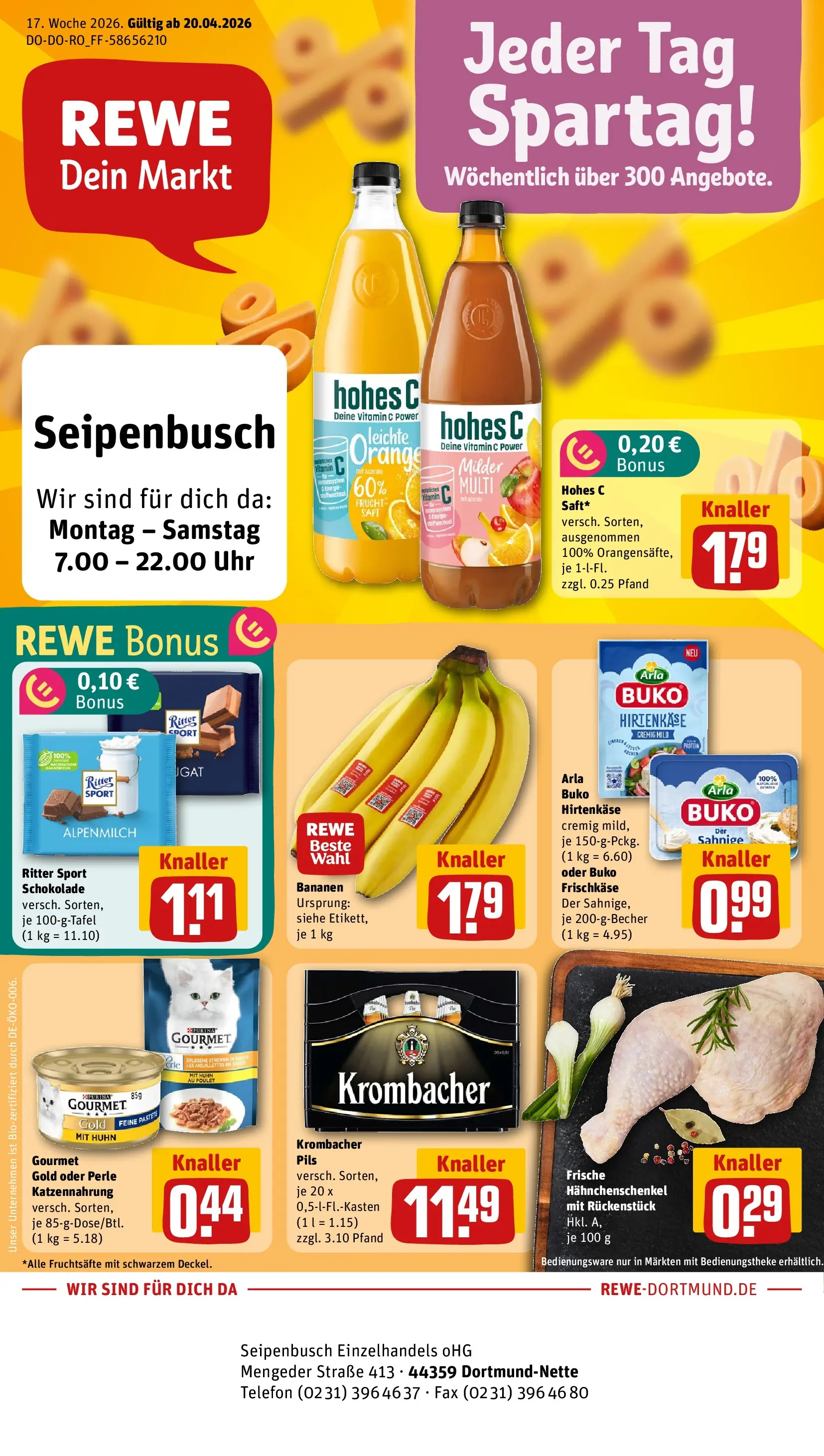 REWE Prospekt ab 20.04.2026 zum Blättern » Angebote | Seite: 1 | Produkte: Hahnchenschenkel, Pils, Arla buko, Hohes c