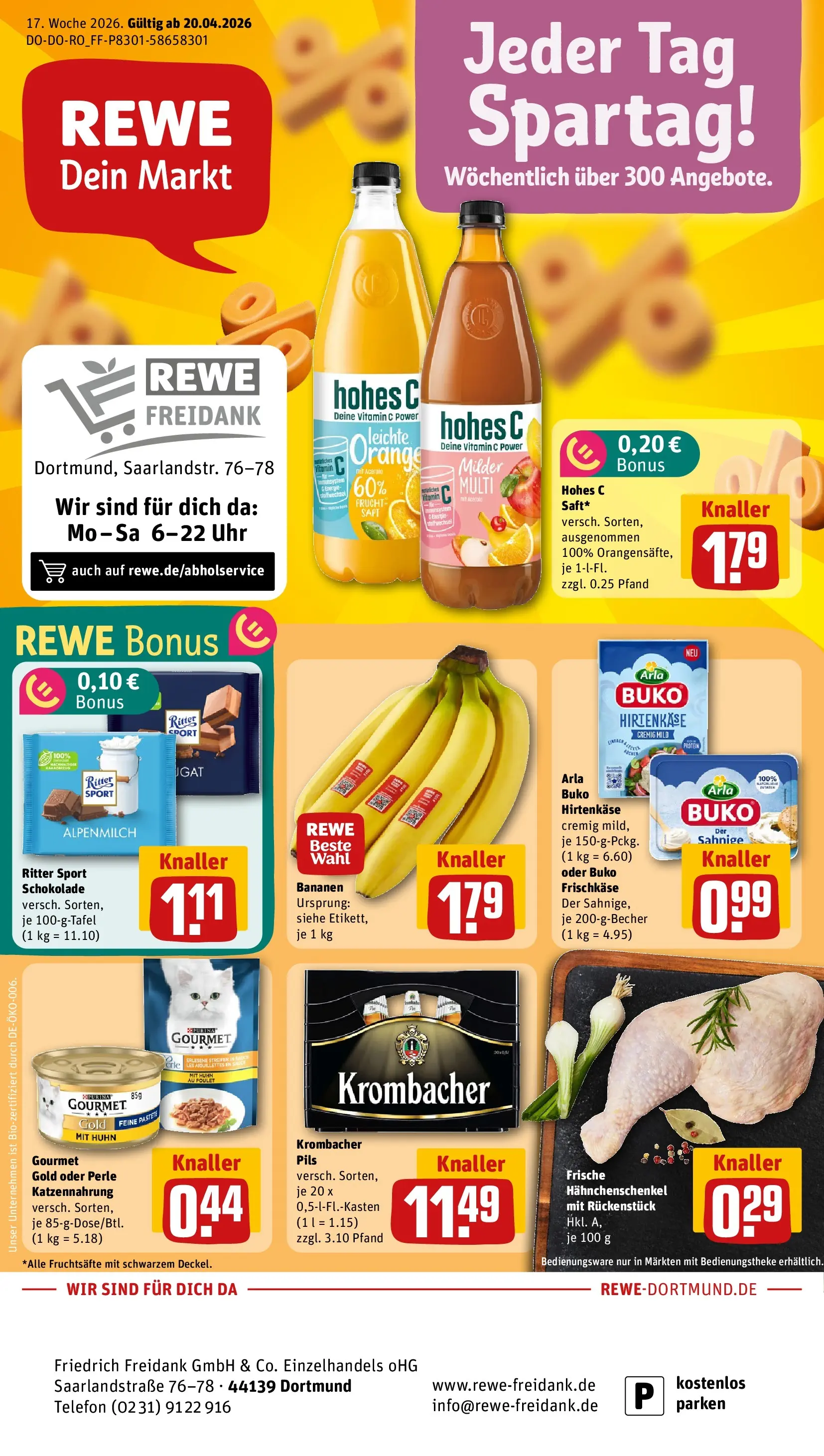 REWE Prospekt ab 20.04.2026 zum Blättern » Angebote | Seite: 1 | Produkte: Bananen, Krombacher, Hohes c, Uhr