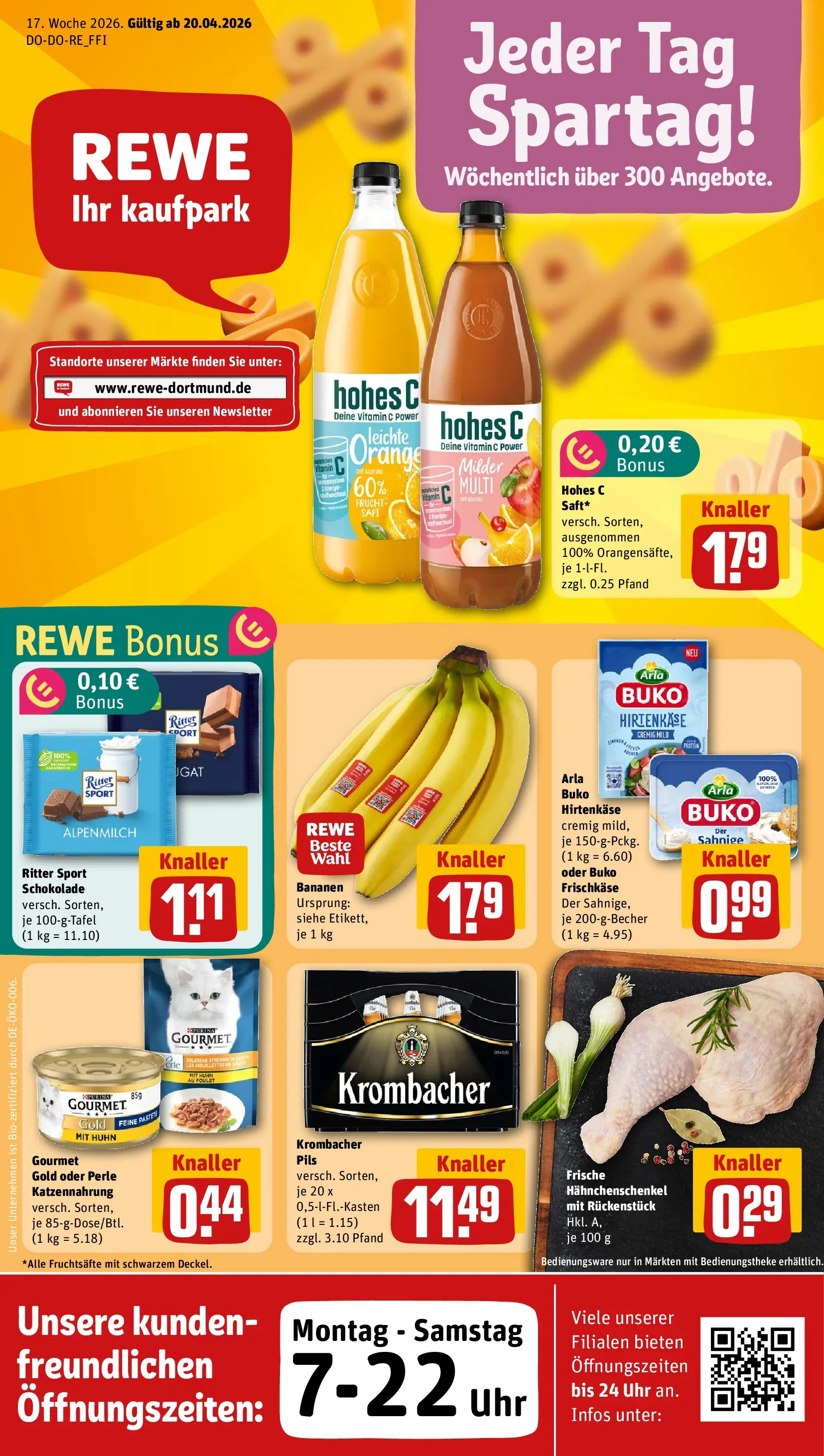 REWE Prospekt ab 20.04.2026 zum Blättern » Angebote | Seite: 1 | Produkte: Pils, Krombacher, Uhr, Frischkase