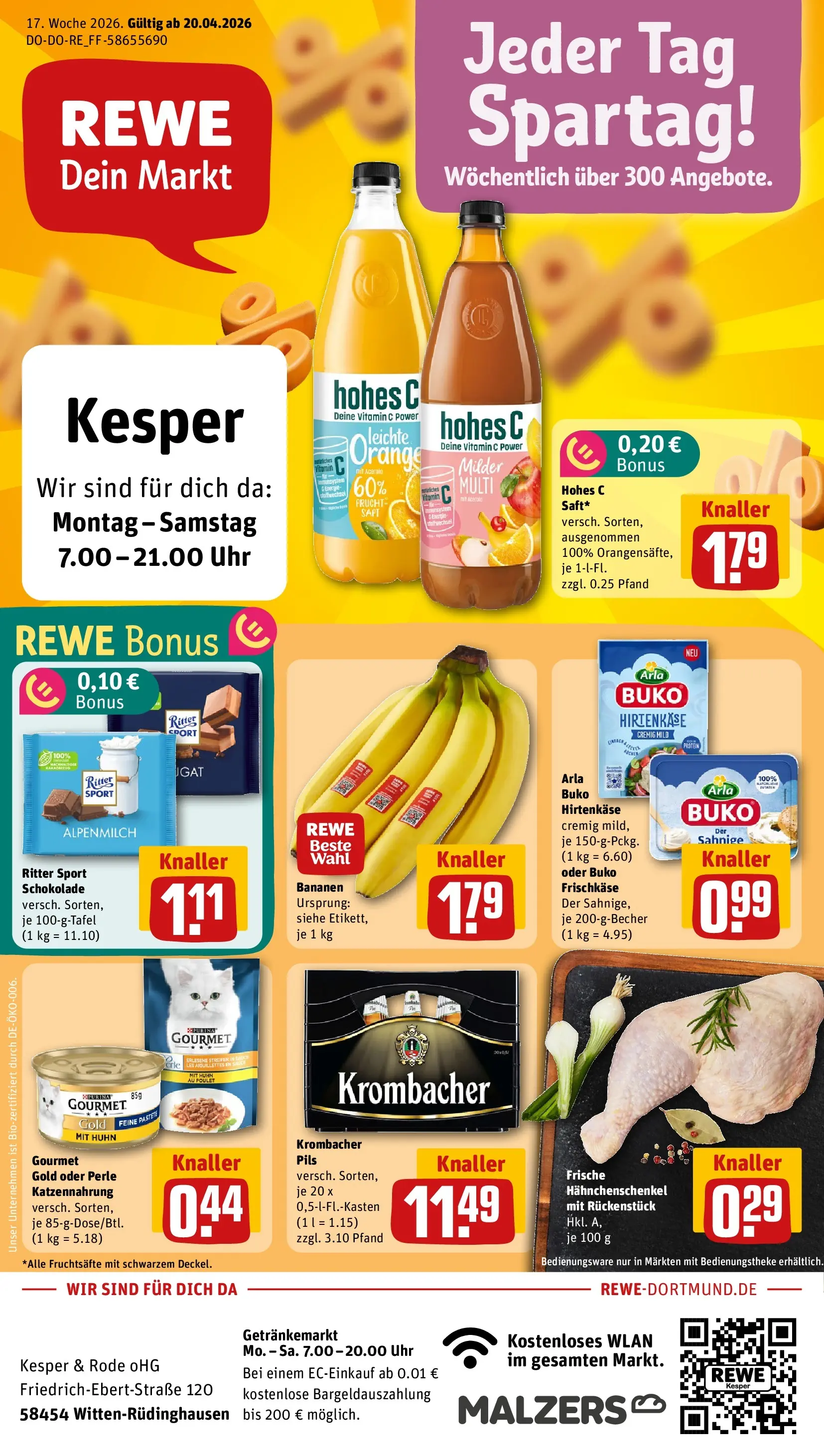 REWE Prospekt ab 20.04.2026 zum Blättern » Angebote | Seite: 1 | Produkte: Schokolade, Ritter sport, Pils, Uhr