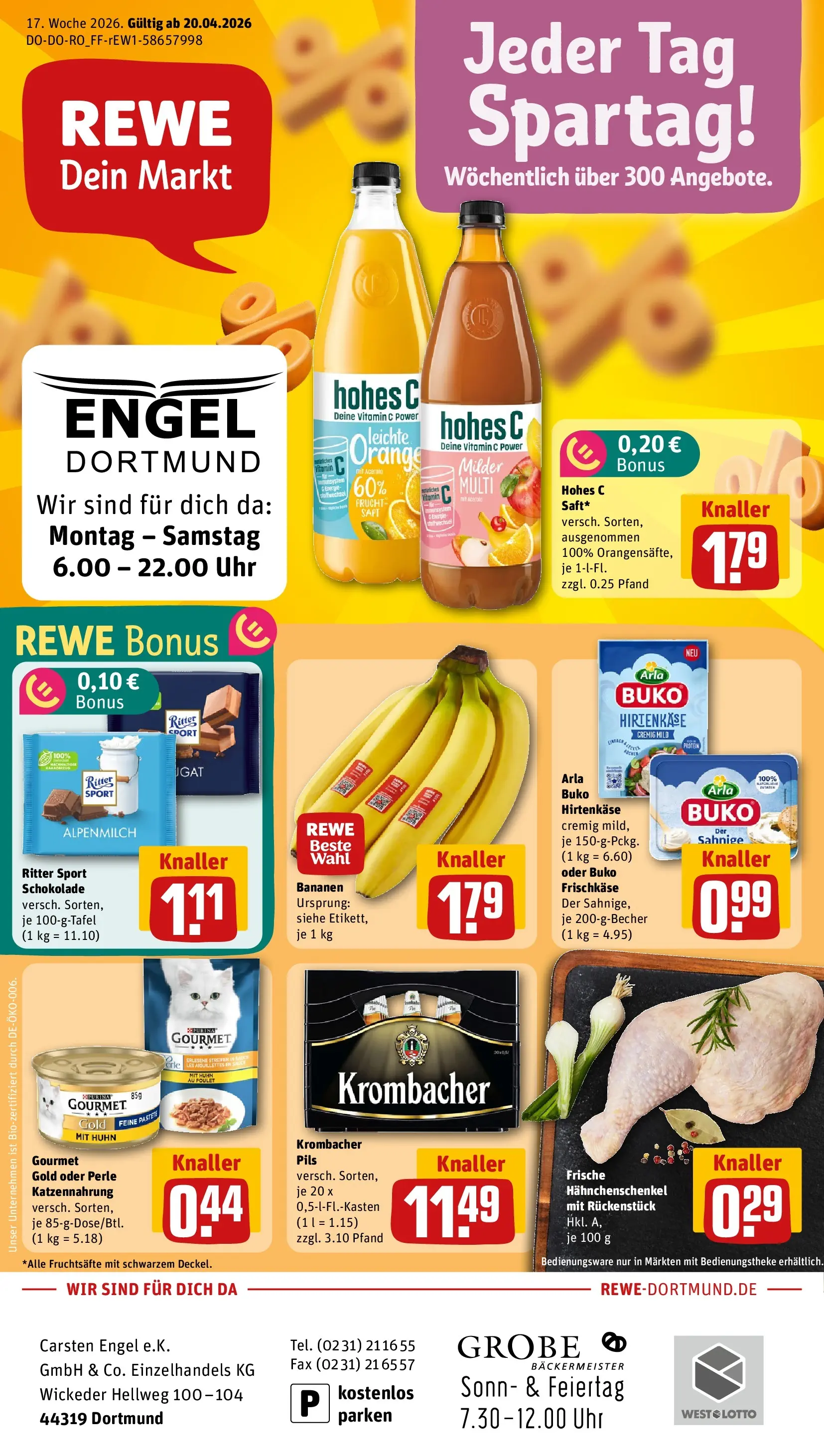 REWE Prospekt ab 20.04.2026 zum Blättern » Angebote | Seite: 1 | Produkte: Hahnchenschenkel, Hohes c, Uhr, Frischkase