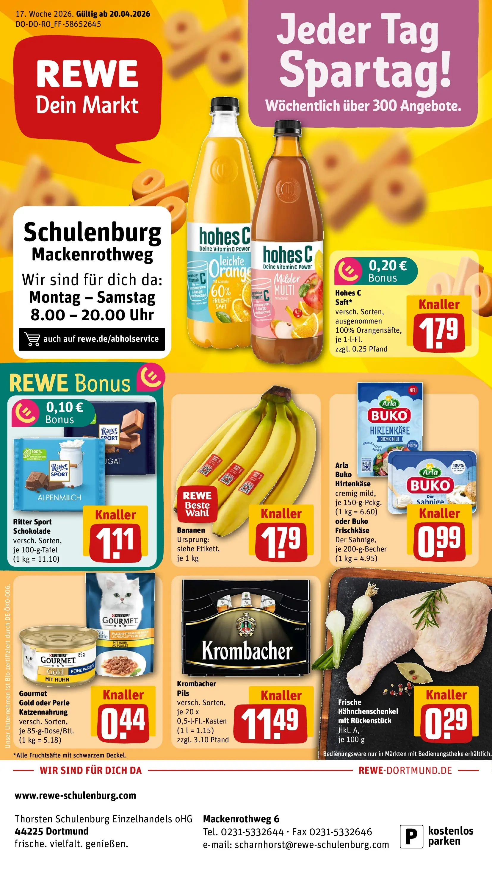 REWE Prospekt ab 20.04.2026 zum Blättern » Angebote | Seite: 1 | Produkte: Schokolade, Ritter sport, Krombacher, Hohes c