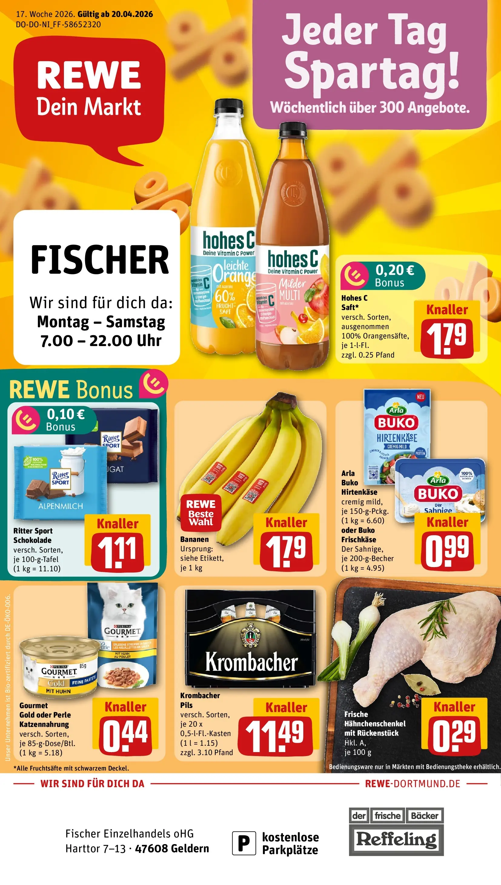 REWE Prospekt ab 20.04.2026 zum Blättern » Angebote | Seite: 1 | Produkte: Schokolade, Bananen, Arla buko, Krombacher