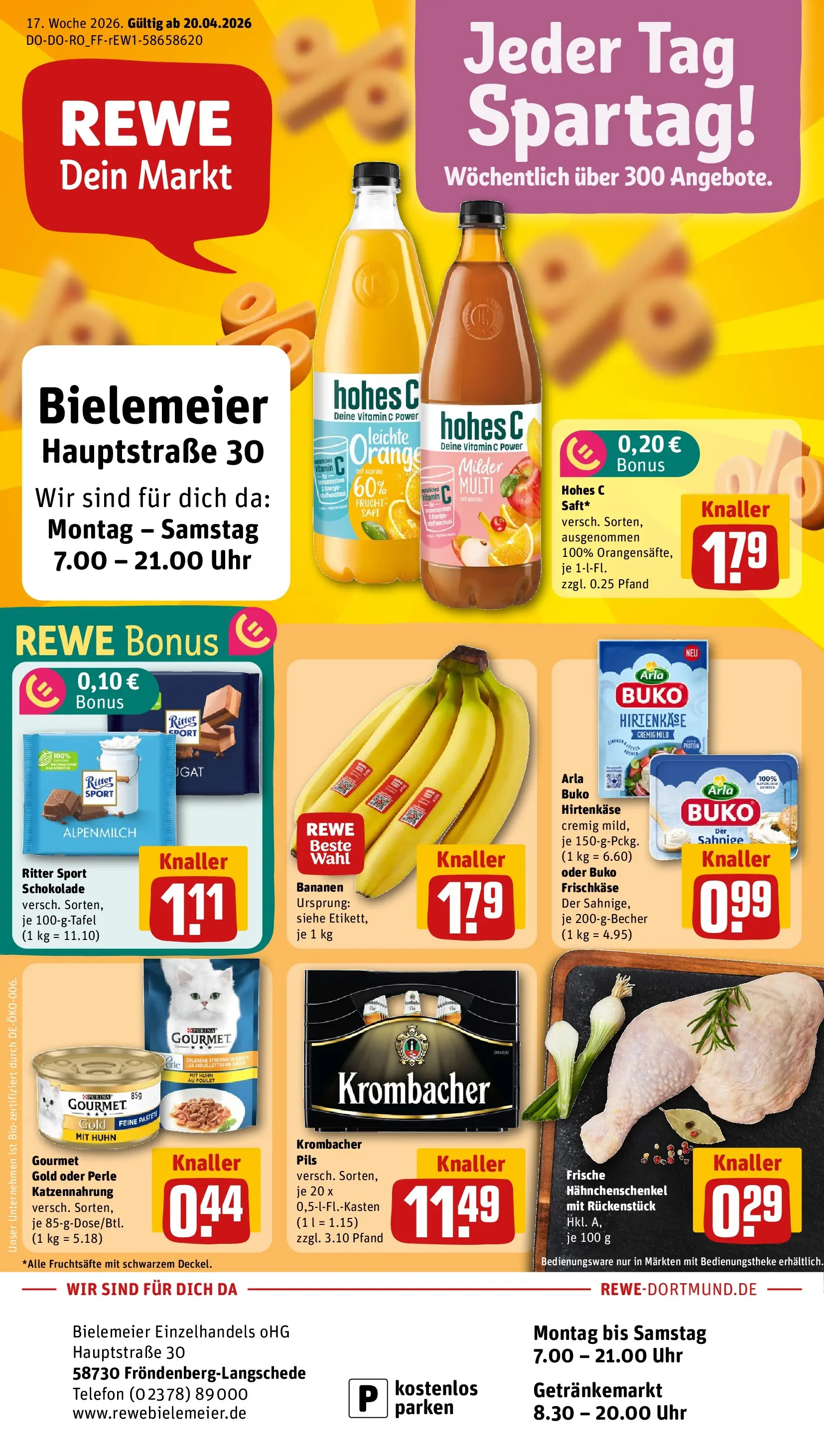 REWE Prospekt ab 20.04.2026 zum Blättern » Angebote | Seite: 1 | Produkte: Hahnchenschenkel, Pils, Krombacher, Uhr