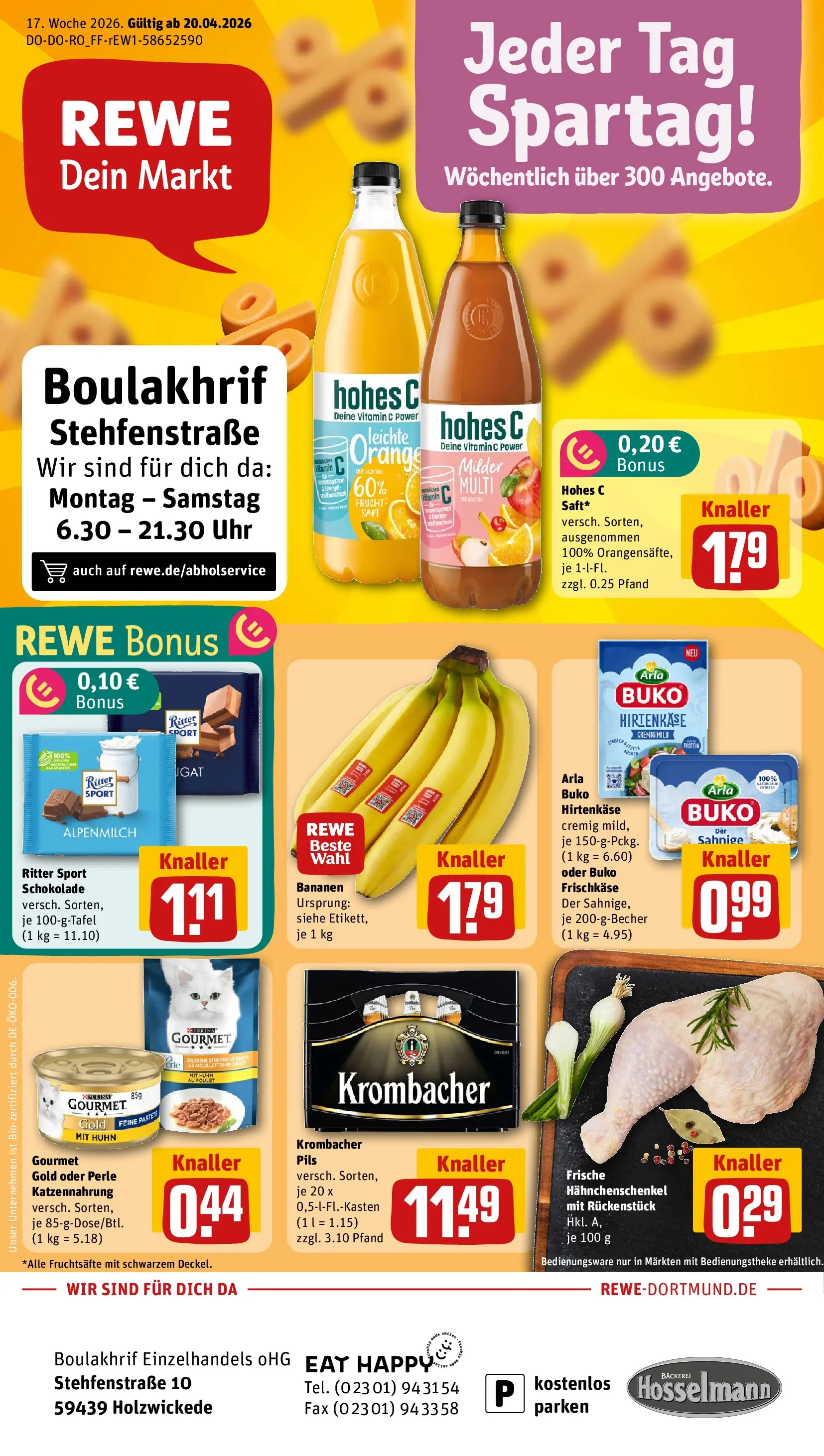 REWE Prospekt ab 20.04.2026 zum Blättern » Angebote | Seite: 1 | Produkte: Bäckerei, Hahnchenschenkel, Pils, Arla buko