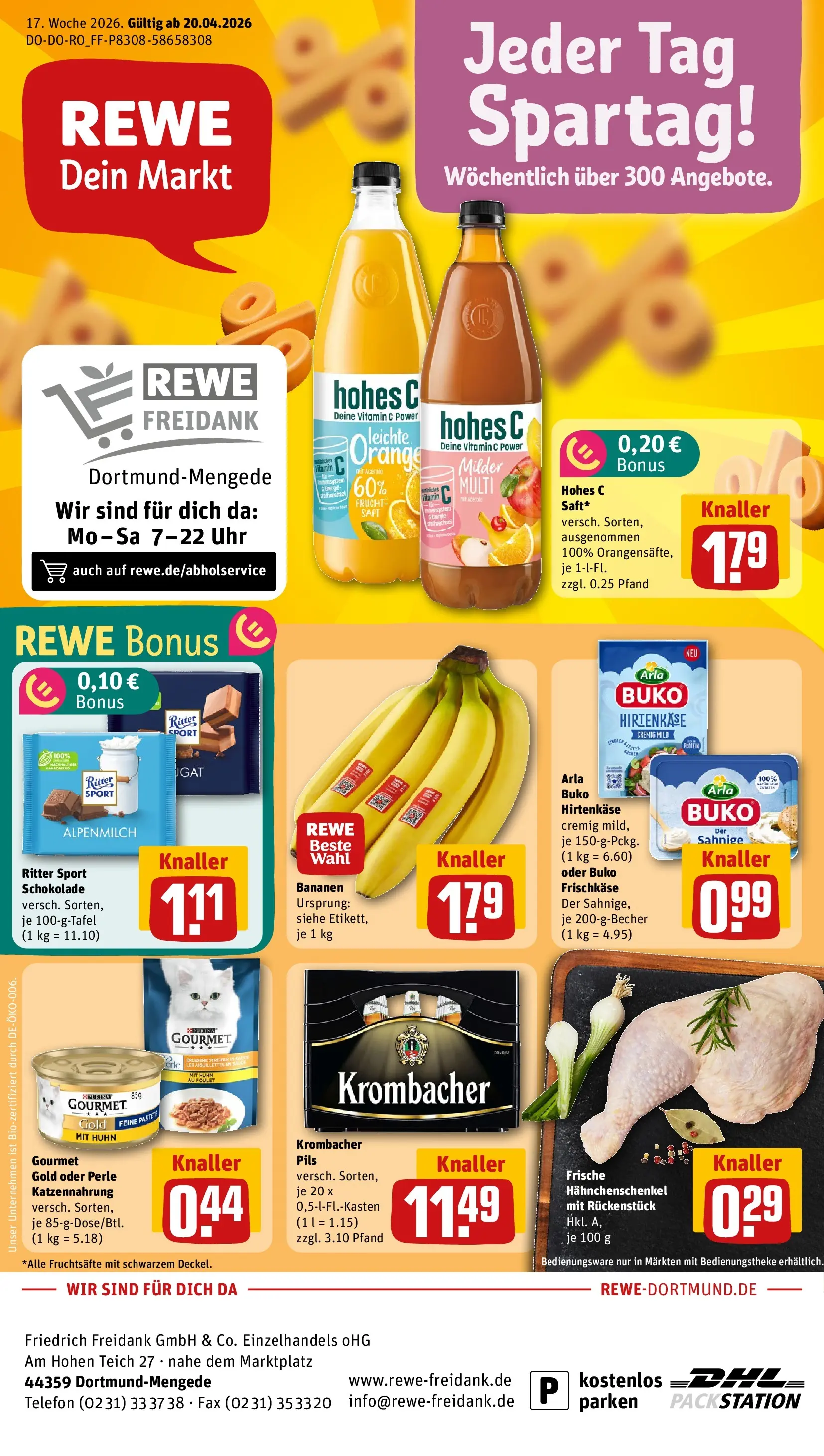 REWE Prospekt ab 20.04.2026 zum Blättern » Angebote | Seite: 1 | Produkte: Schokolade, Krombacher, Hohes c, Frischkase