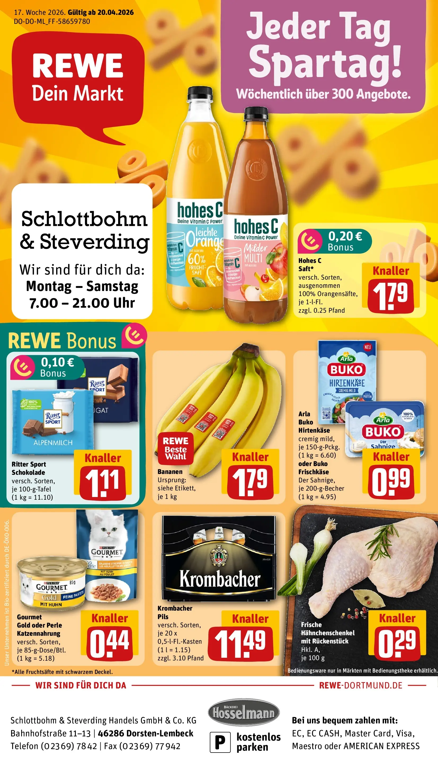 REWE Prospekt ab 20.04.2026 zum Blättern » Angebote | Seite: 1 | Produkte: Bäckerei, Hahnchenschenkel, Arla buko, Frischkase