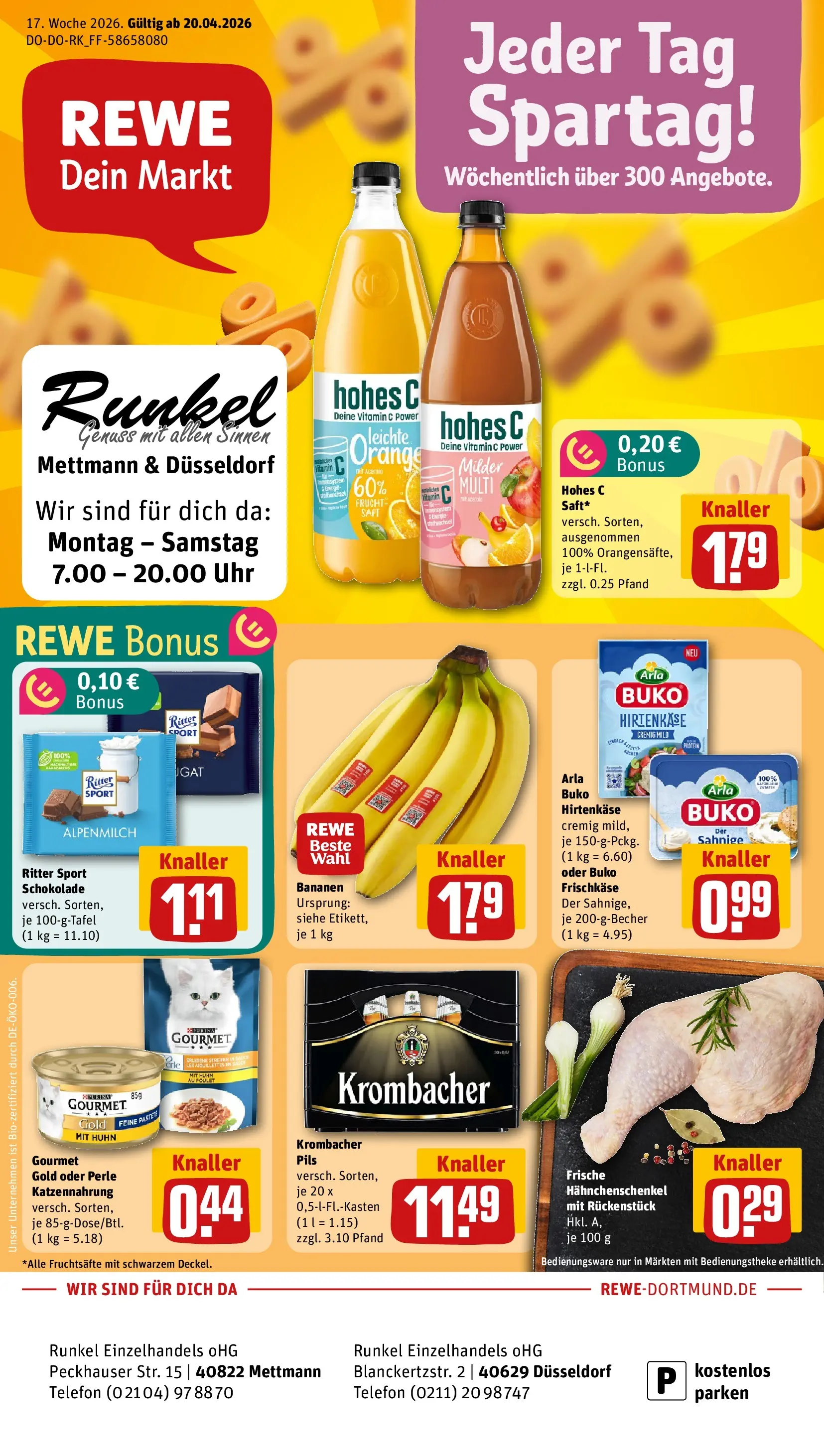 REWE Prospekt ab 20.04.2026 zum Blättern » Angebote | Seite: 1 | Produkte: Hahnchenschenkel, Ritter sport, Bananen, Uhr