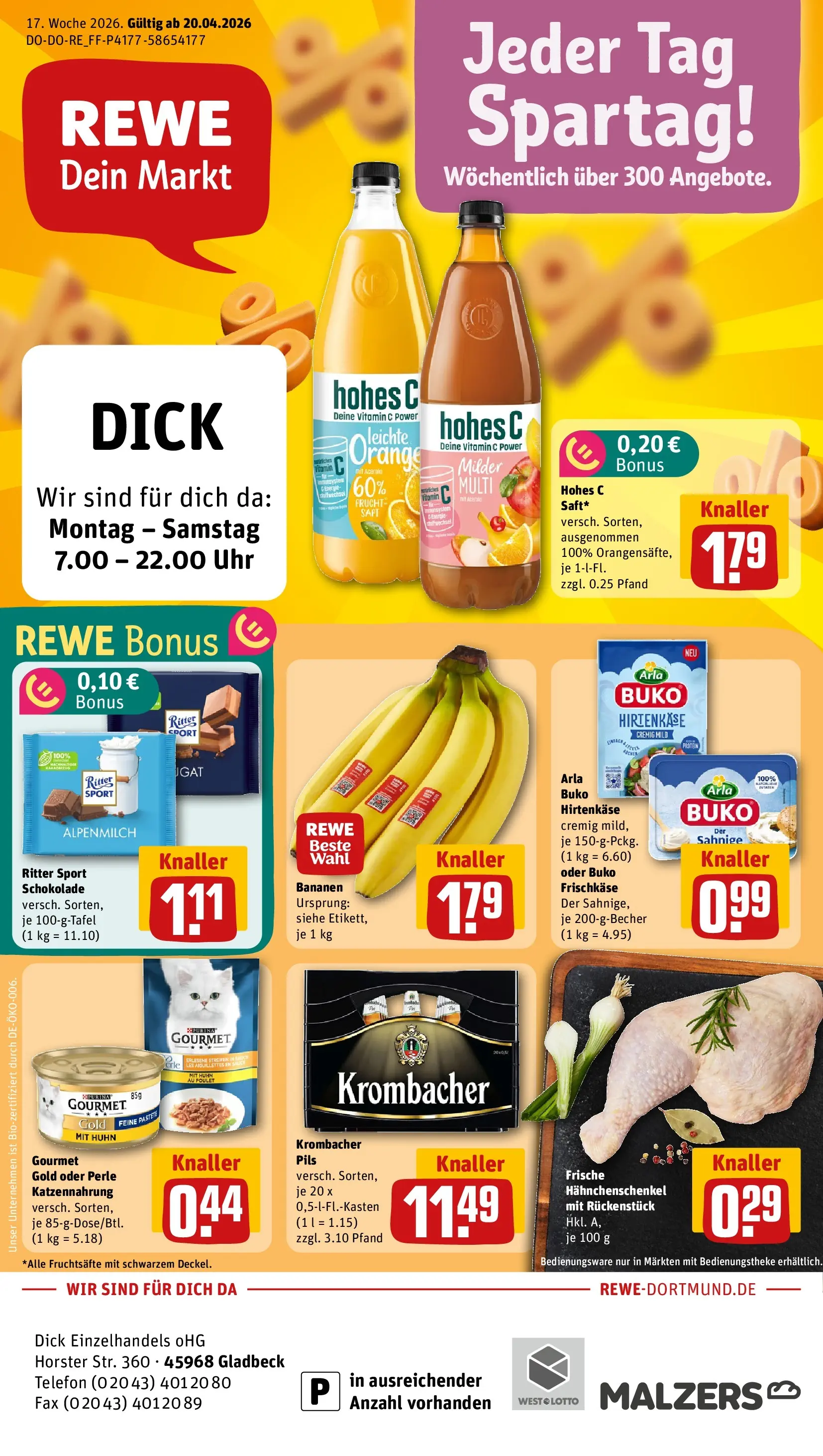 REWE Prospekt ab 20.04.2026 zum Blättern » Angebote | Seite: 1 | Produkte: Hahnchenschenkel, Pils, Bananen, Arla buko