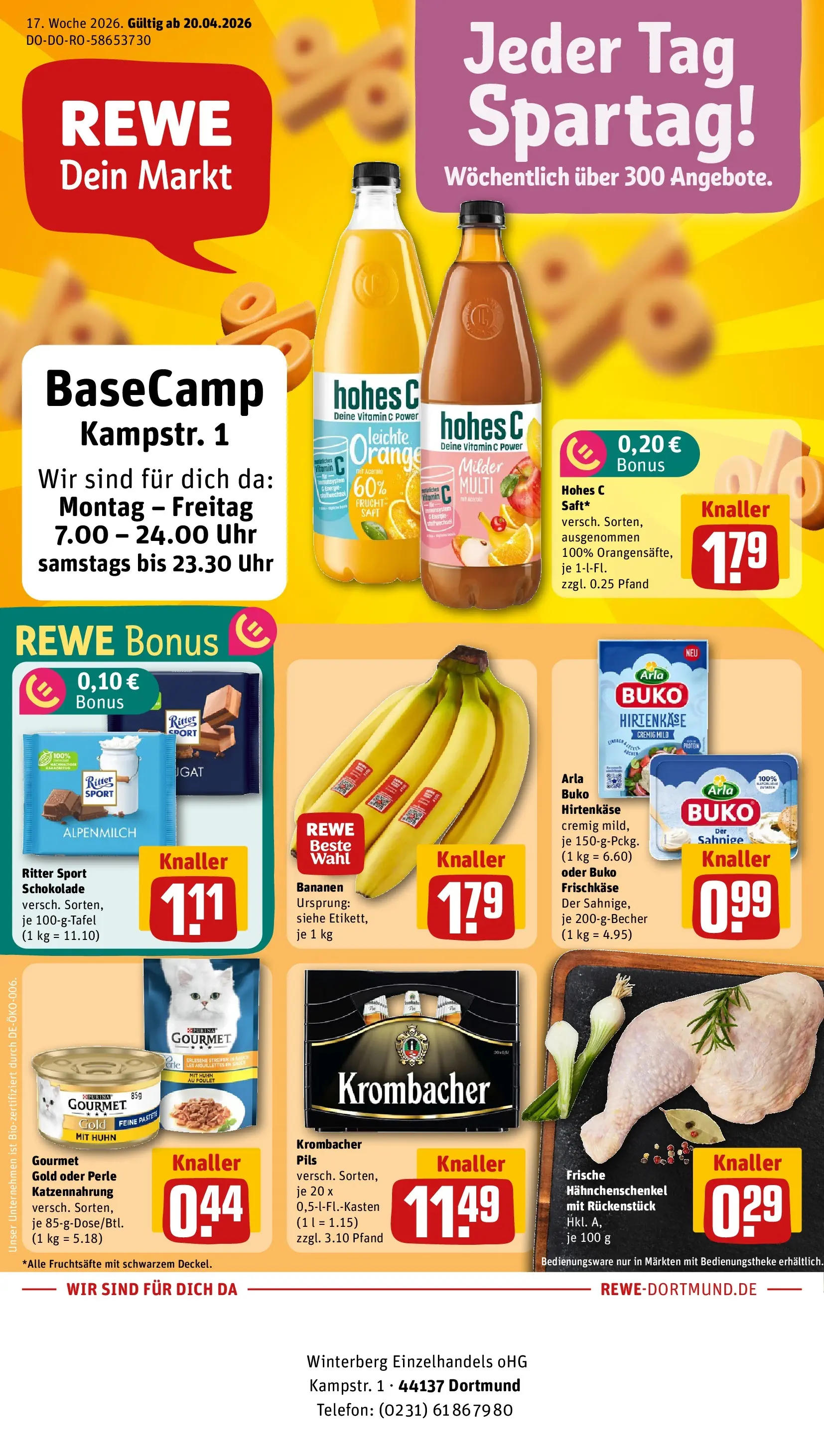 REWE Prospekt ab 20.04.2026 zum Blättern » Angebote | Seite: 1 | Produkte: Hahnchenschenkel, Schokolade, Pils, Telefon