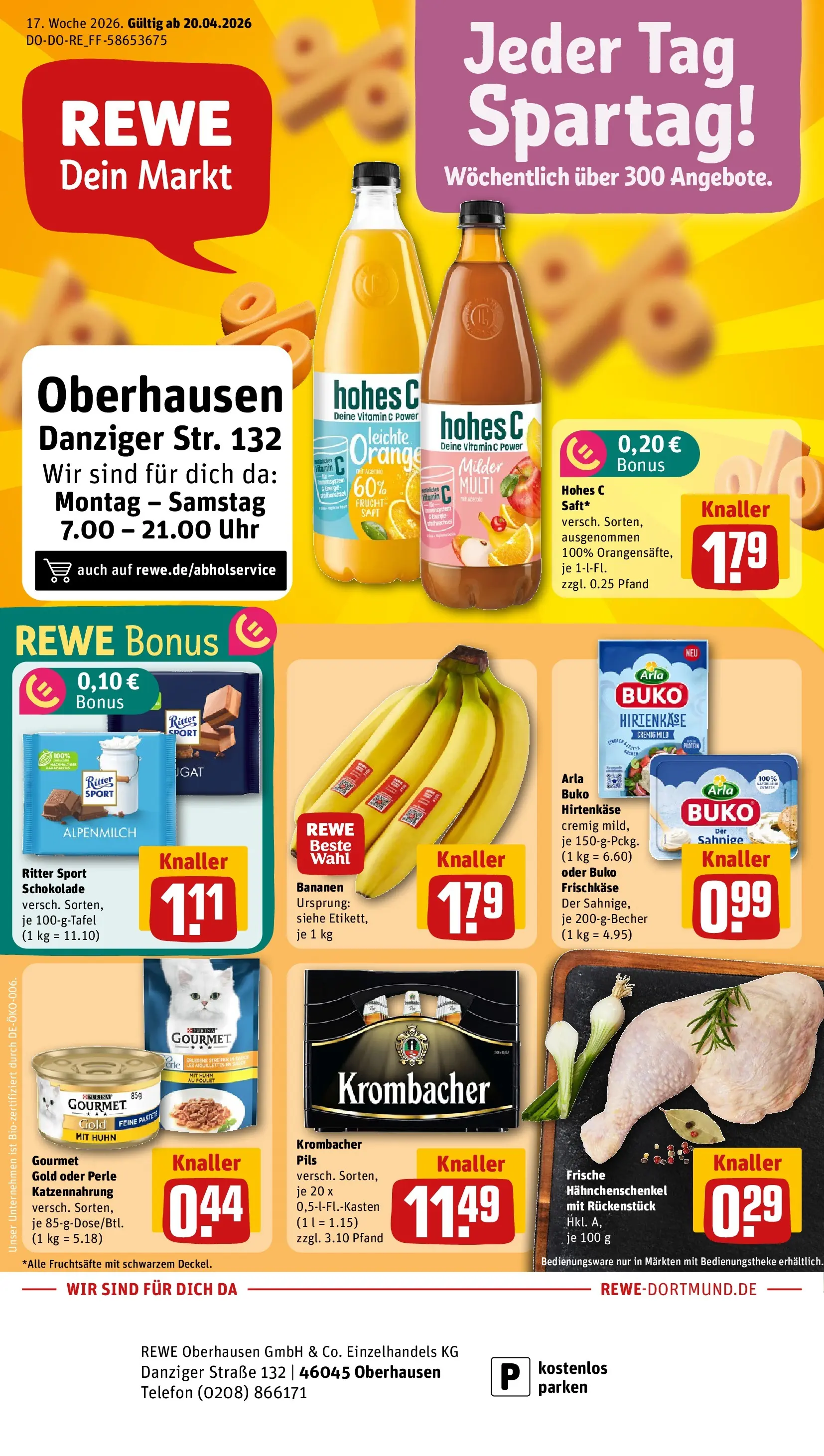 REWE Prospekt ab 20.04.2026 zum Blättern » Angebote | Seite: 1 | Produkte: Hahnchenschenkel, Pils, Krombacher, Uhr