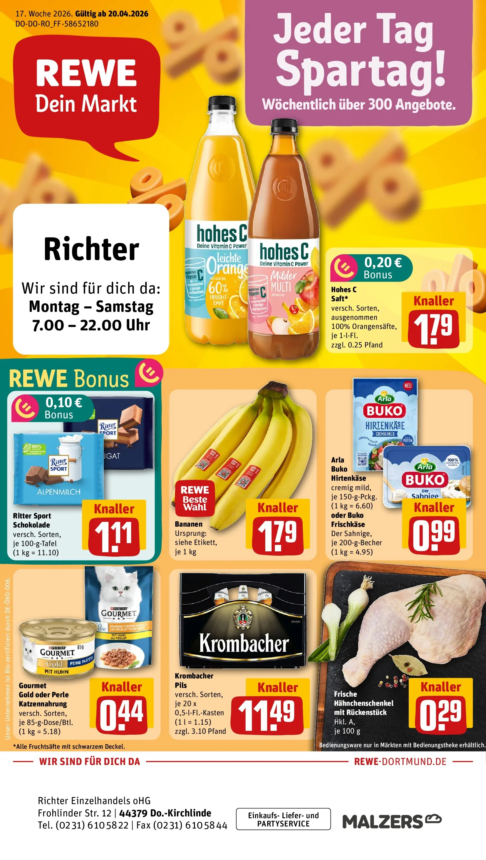 REWE Prospekt ab 20.04.2026 zum Blättern » Angebote | Seite: 1 | Produkte: Hahnchenschenkel, Bananen, Hohes c, Uhr