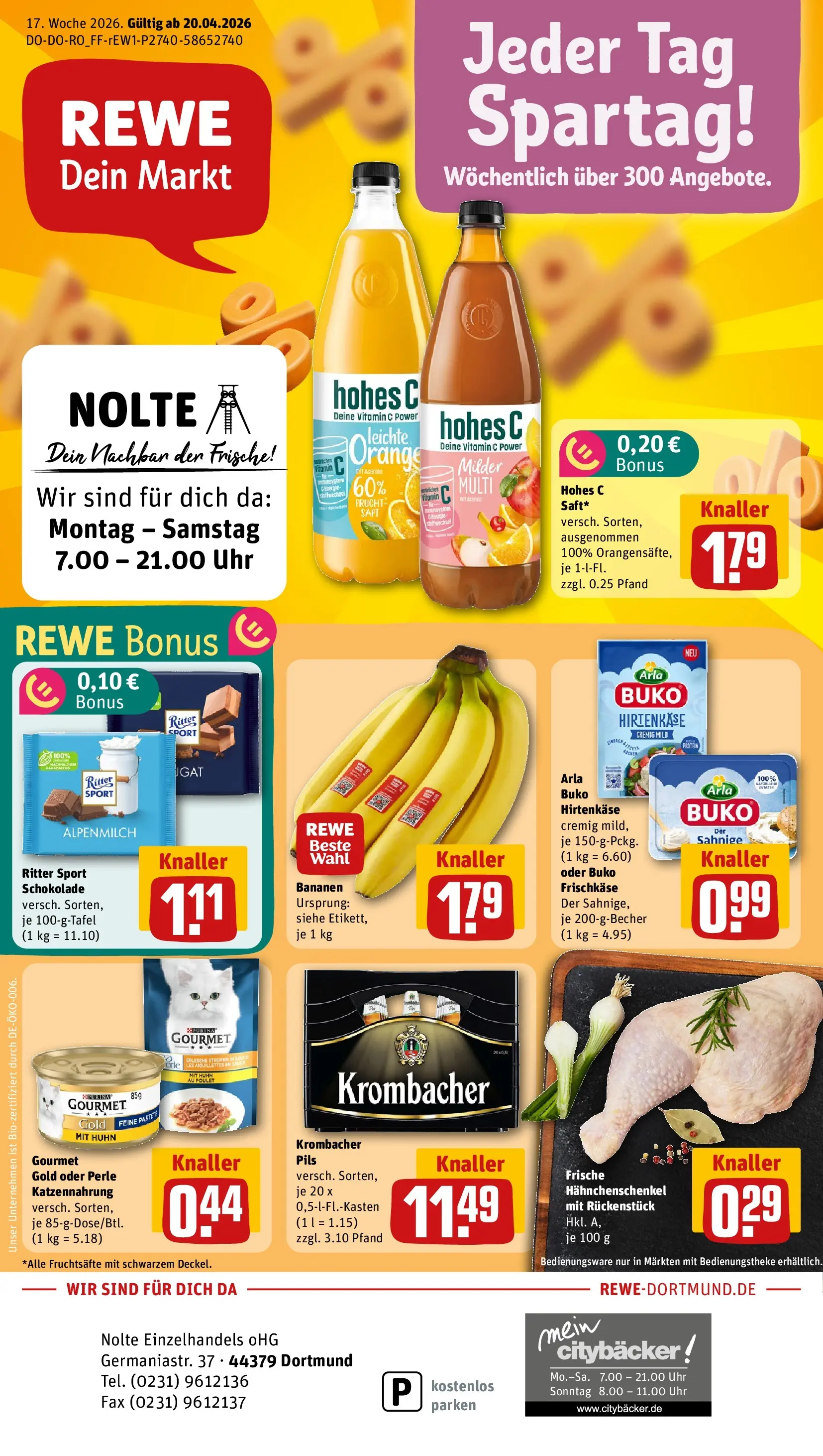 REWE Prospekt ab 20.04.2026 zum Blättern » Angebote | Seite: 1 | Produkte: Hahnchenschenkel, Ritter sport, Hohes c, Uhr