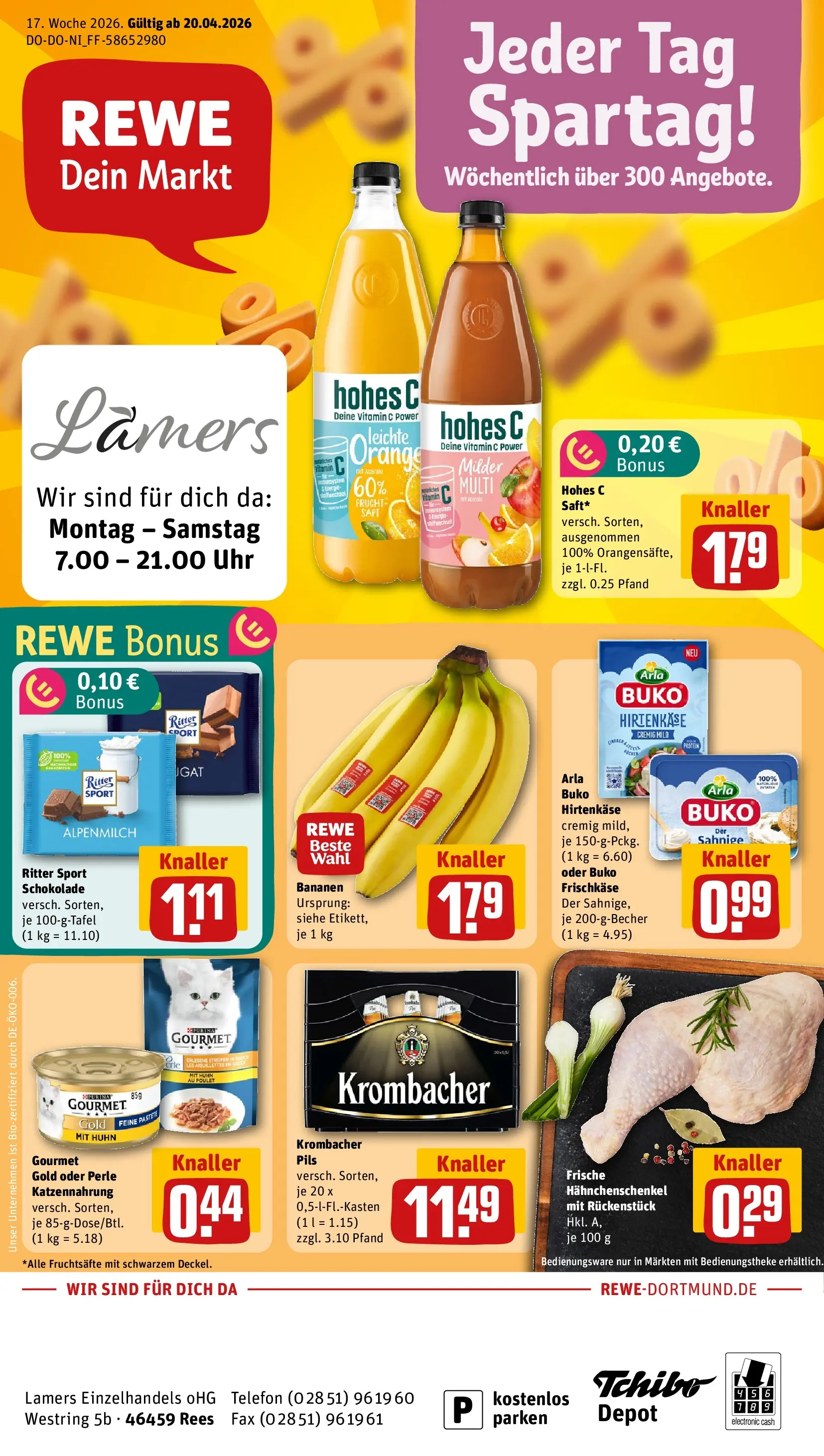 REWE Prospekt ab 20.04.2026 zum Blättern » Angebote | Seite: 1 | Produkte: Hahnchenschenkel, Schokolade, Telefon, Frischkase