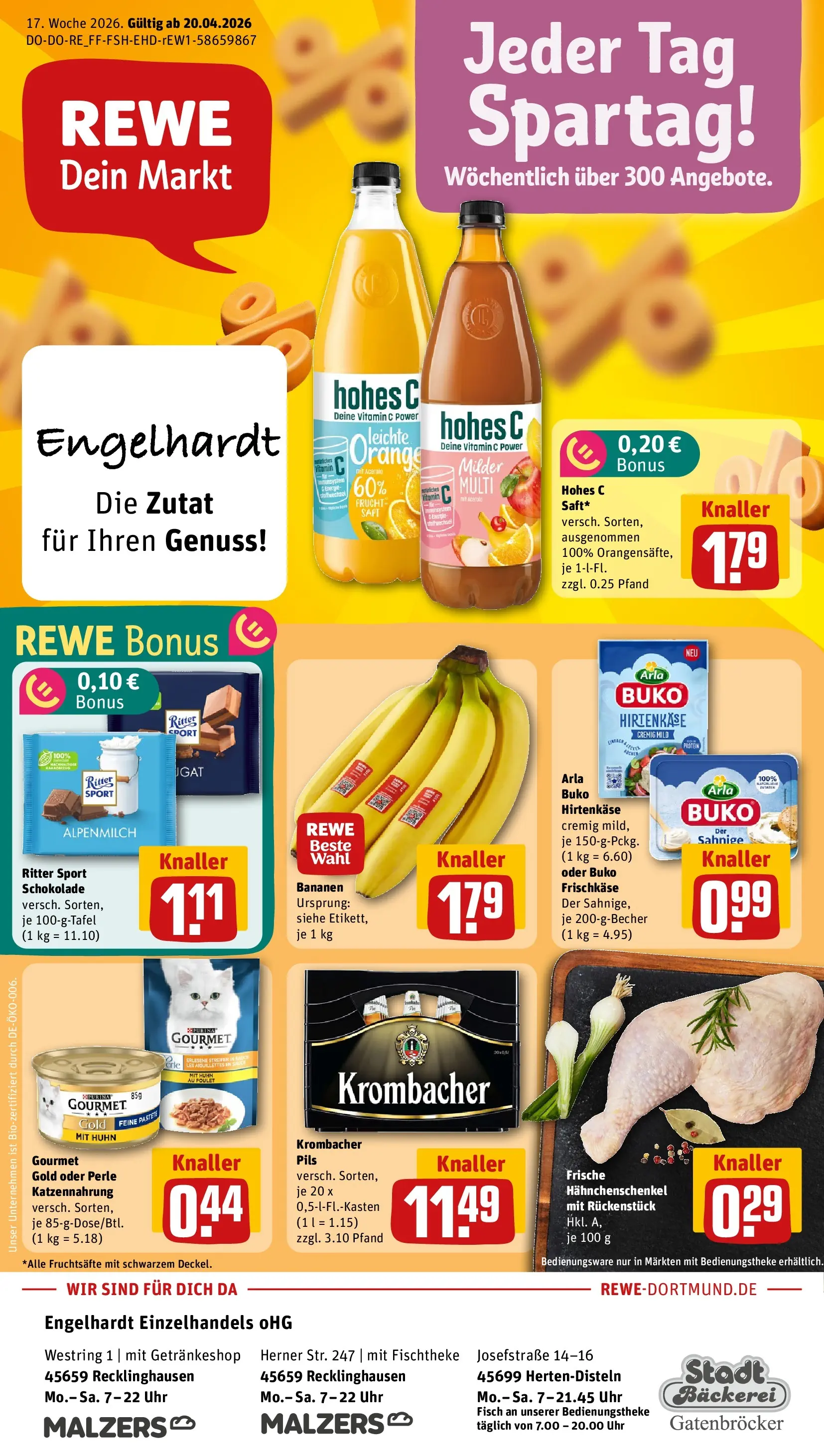 REWE Prospekt ab 20.04.2026 zum Blättern » Angebote | Seite: 1 | Produkte: Pils, Arla buko, Kuchen, Uhr