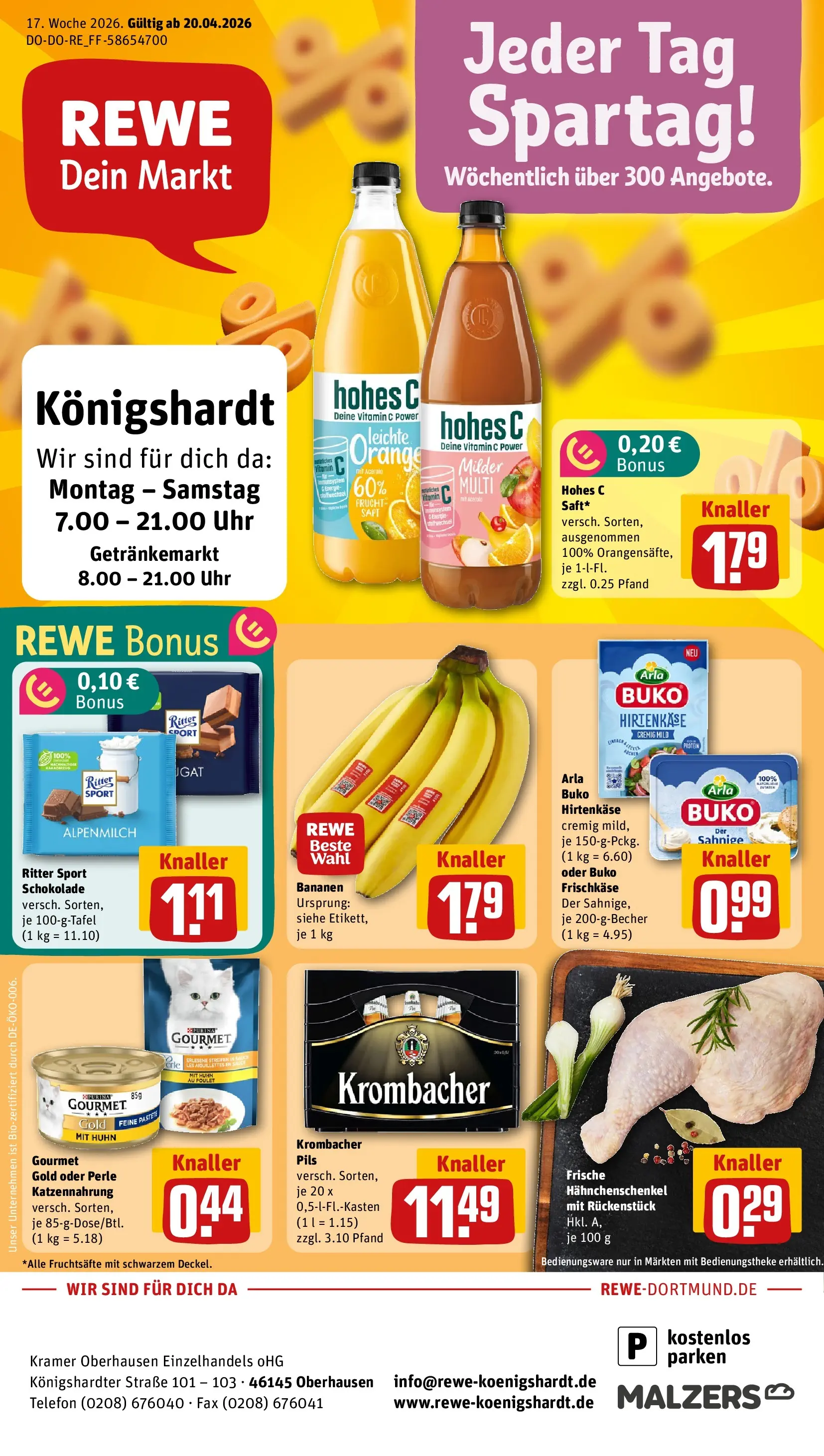 REWE Prospekt ab 20.04.2026 zum Blättern » Angebote | Seite: 1 | Produkte: Ritter sport, Bananen, Arla buko, Krombacher