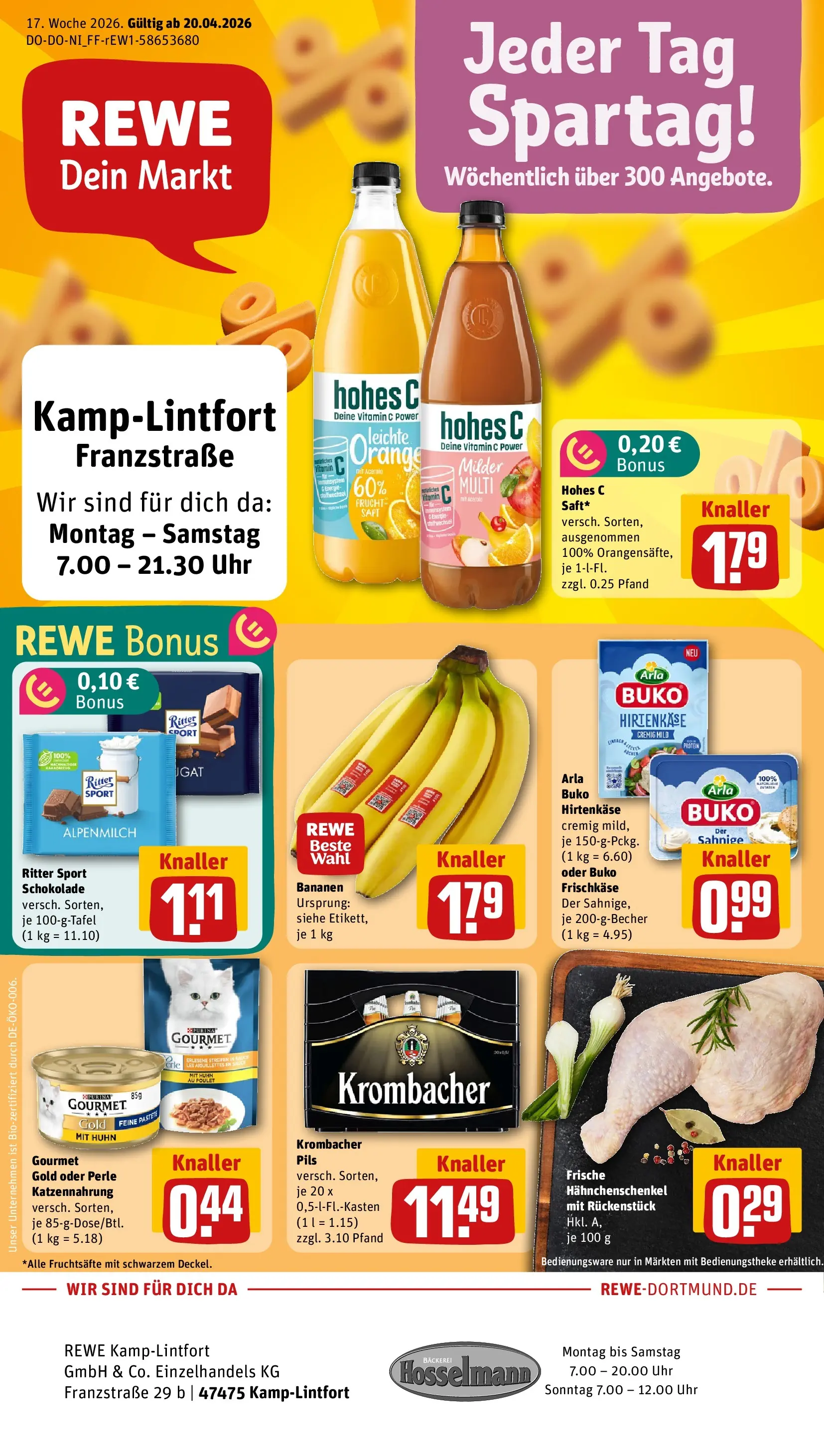 REWE Prospekt ab 20.04.2026 zum Blättern » Angebote | Seite: 1 | Produkte: Hahnchenschenkel, Ritter sport, Hohes c, Uhr