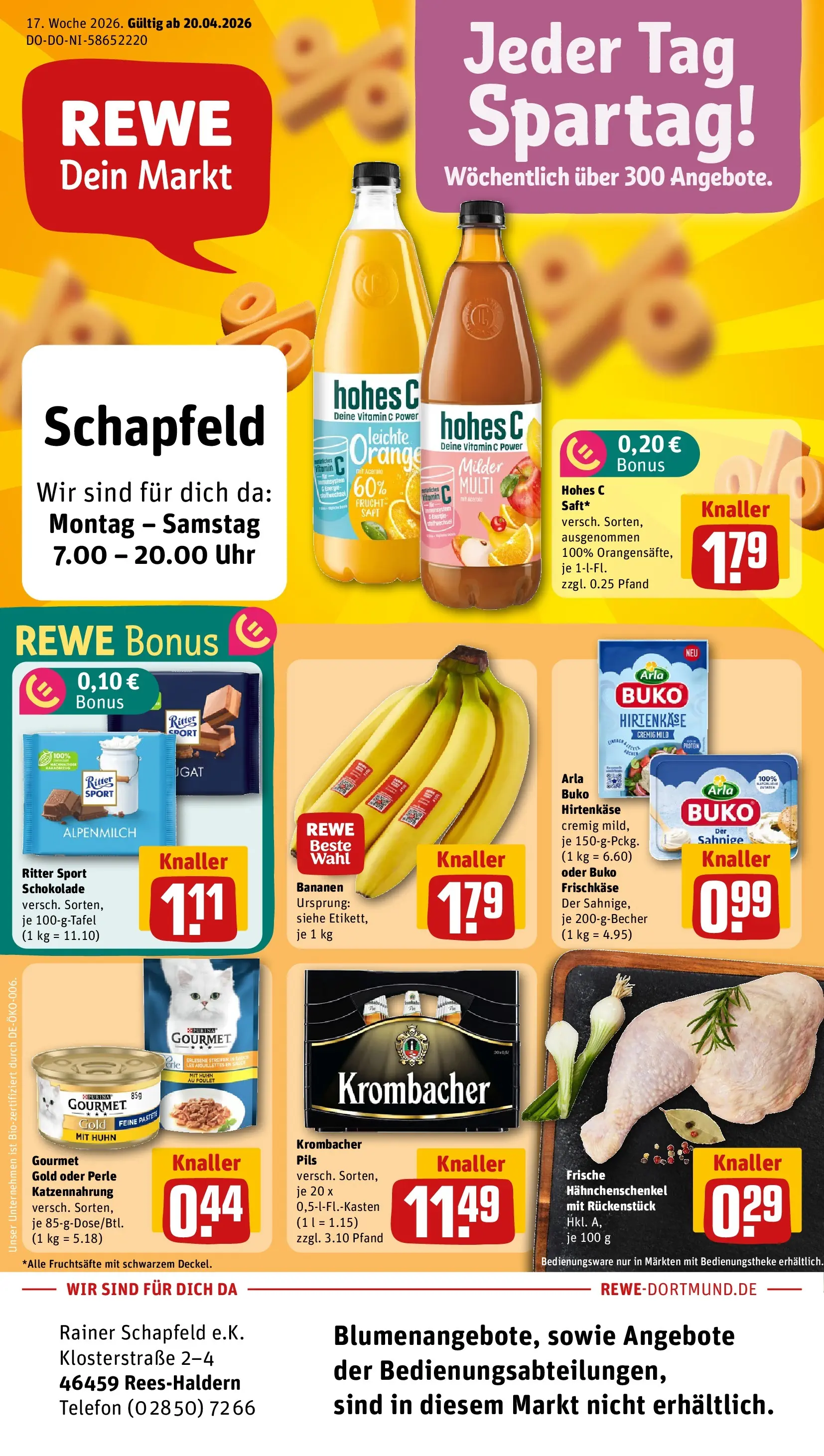 REWE Prospekt ab 20.04.2026 zum Blättern » Angebote | Seite: 1 | Produkte: Bananen, Arla buko, Purina gourmet gold, Telefon