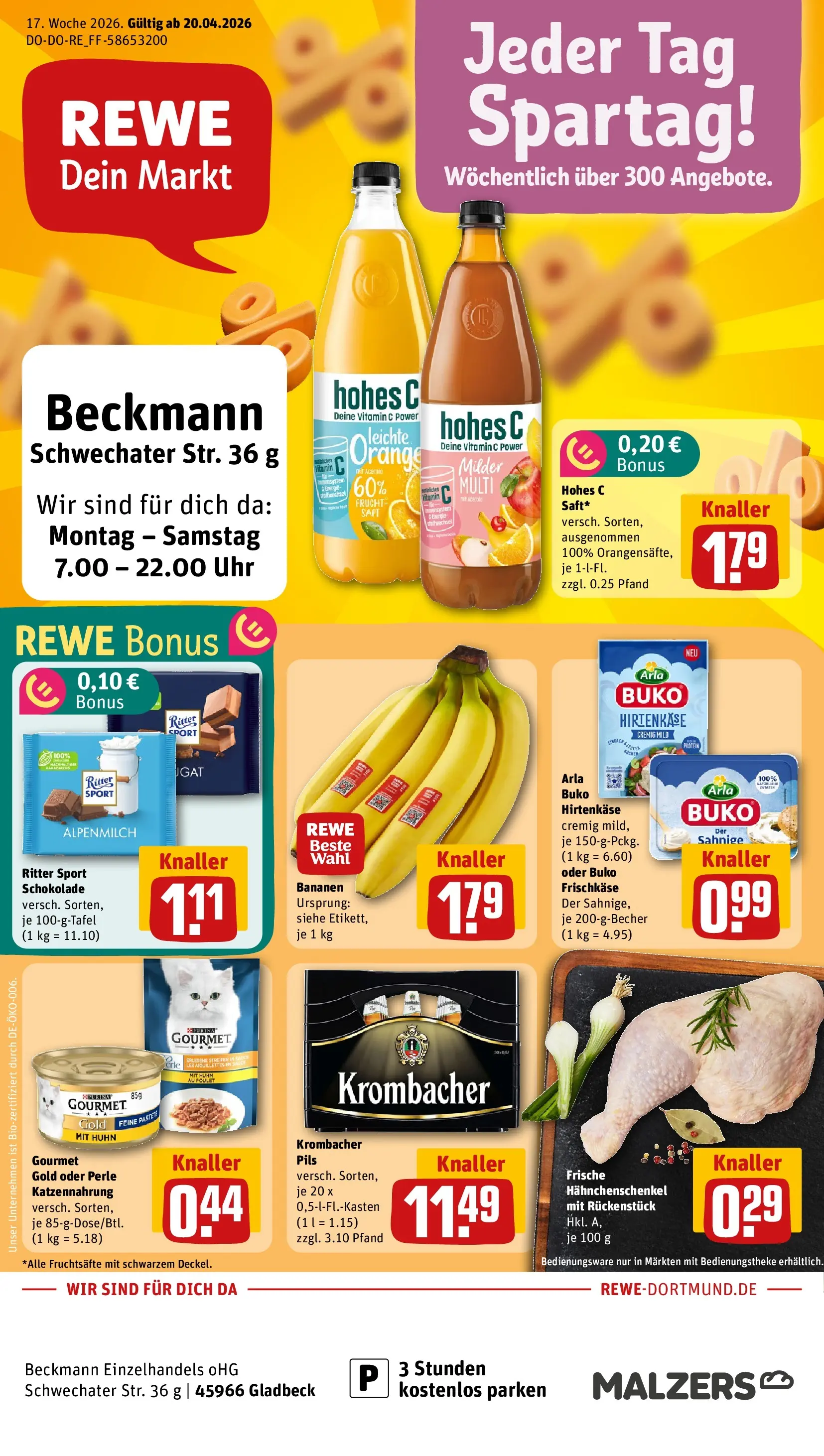 REWE Prospekt ab 20.04.2026 zum Blättern » Angebote | Seite: 1 | Produkte: Hahnchenschenkel, Pils, Arla buko, Uhr
