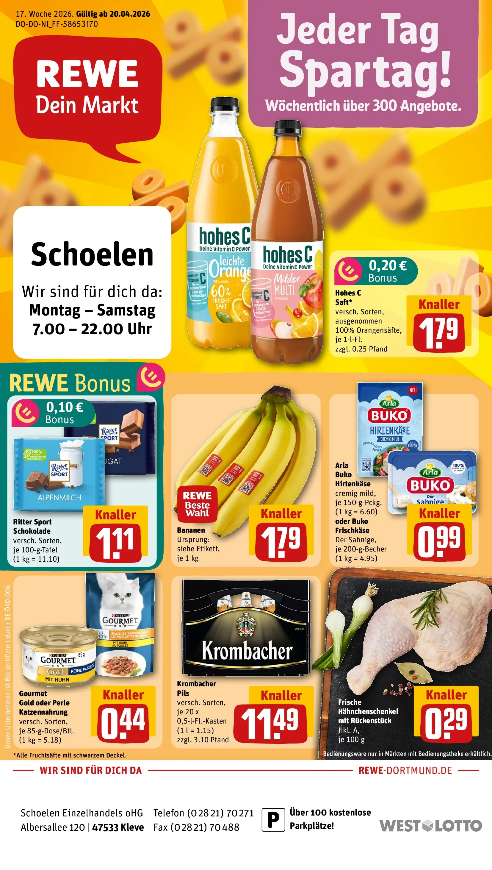 REWE Prospekt ab 20.04.2026 zum Blättern » Angebote | Seite: 1 | Produkte: Pils, Bananen, Uhr, Frischkase