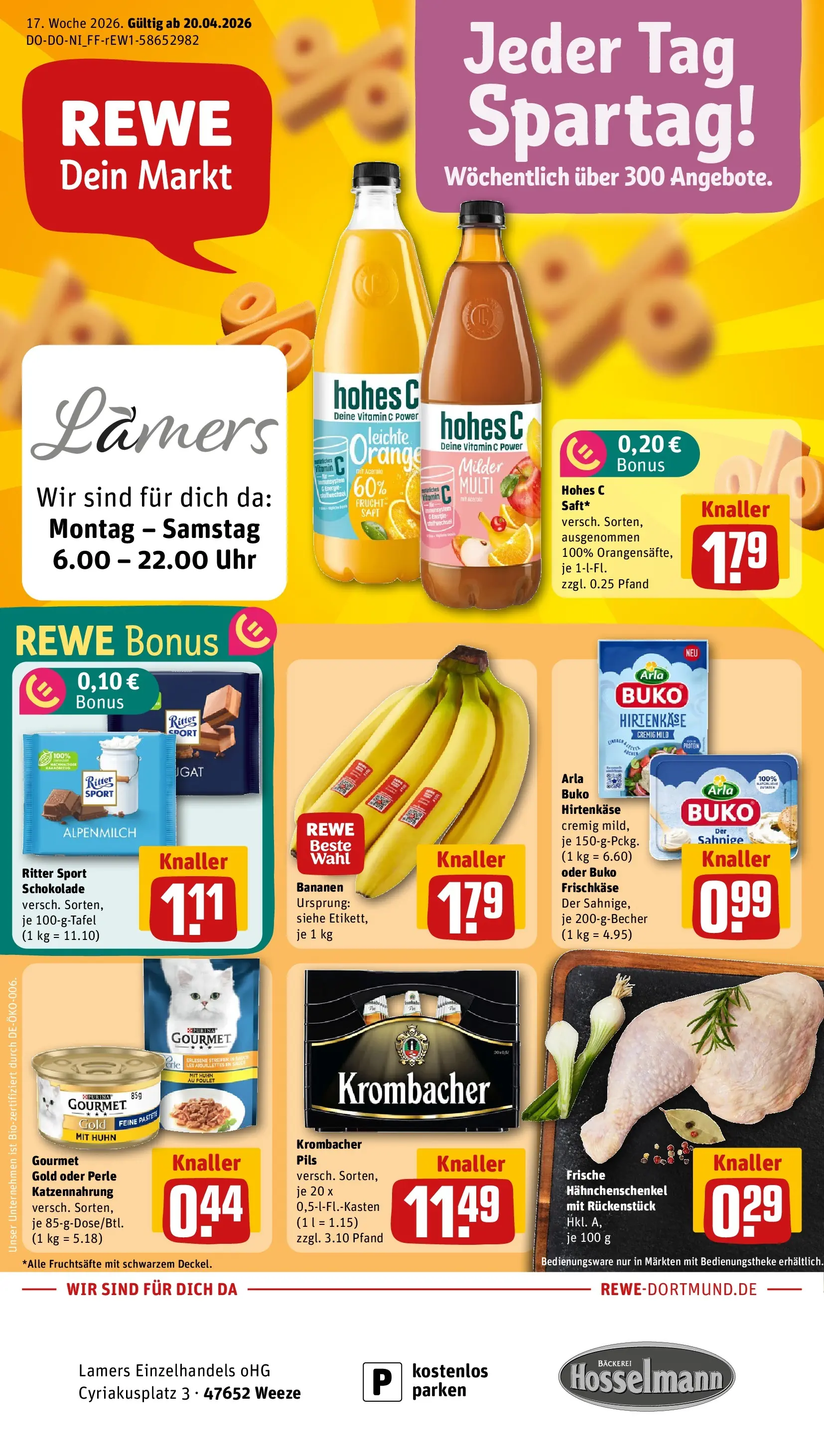 REWE Prospekt ab 20.04.2026 zum Blättern » Angebote | Seite: 1 | Produkte: Ritter sport, Arla buko, Krombacher, Frischkase