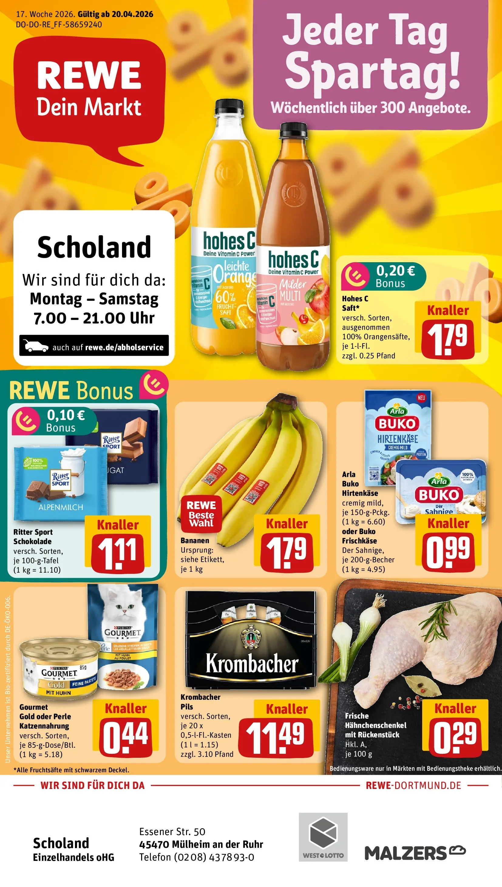 REWE Prospekt ab 20.04.2026 zum Blättern » Angebote | Seite: 1 | Produkte: Schokolade, Ritter sport, Krombacher, Telefon