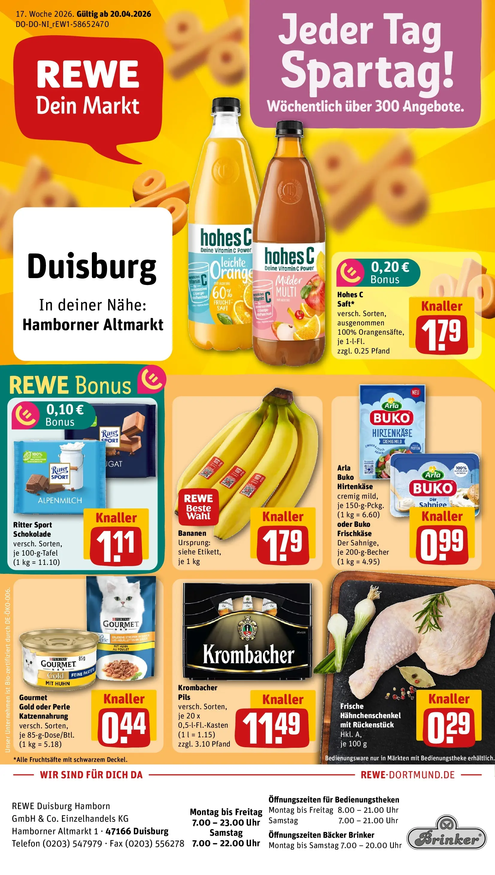 REWE Prospekt ab 20.04.2026 zum Blättern » Angebote | Seite: 1 | Produkte: Hahnchenschenkel, Pils, Arla buko, Uhr