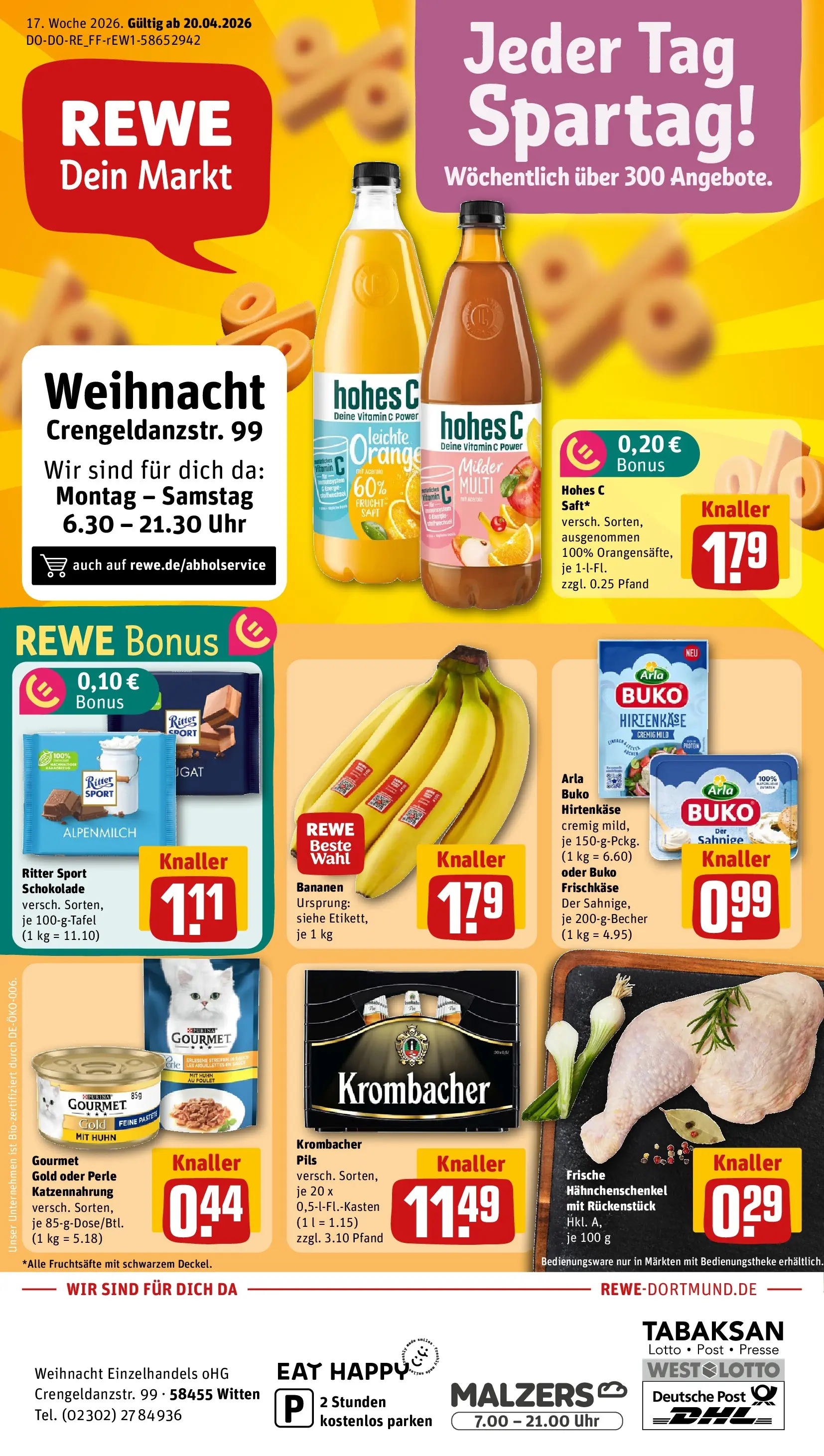 REWE Prospekt ab 20.04.2026 zum Blättern » Angebote | Seite: 1 | Produkte: Hahnchenschenkel, Ritter sport, Bananen, Arla buko