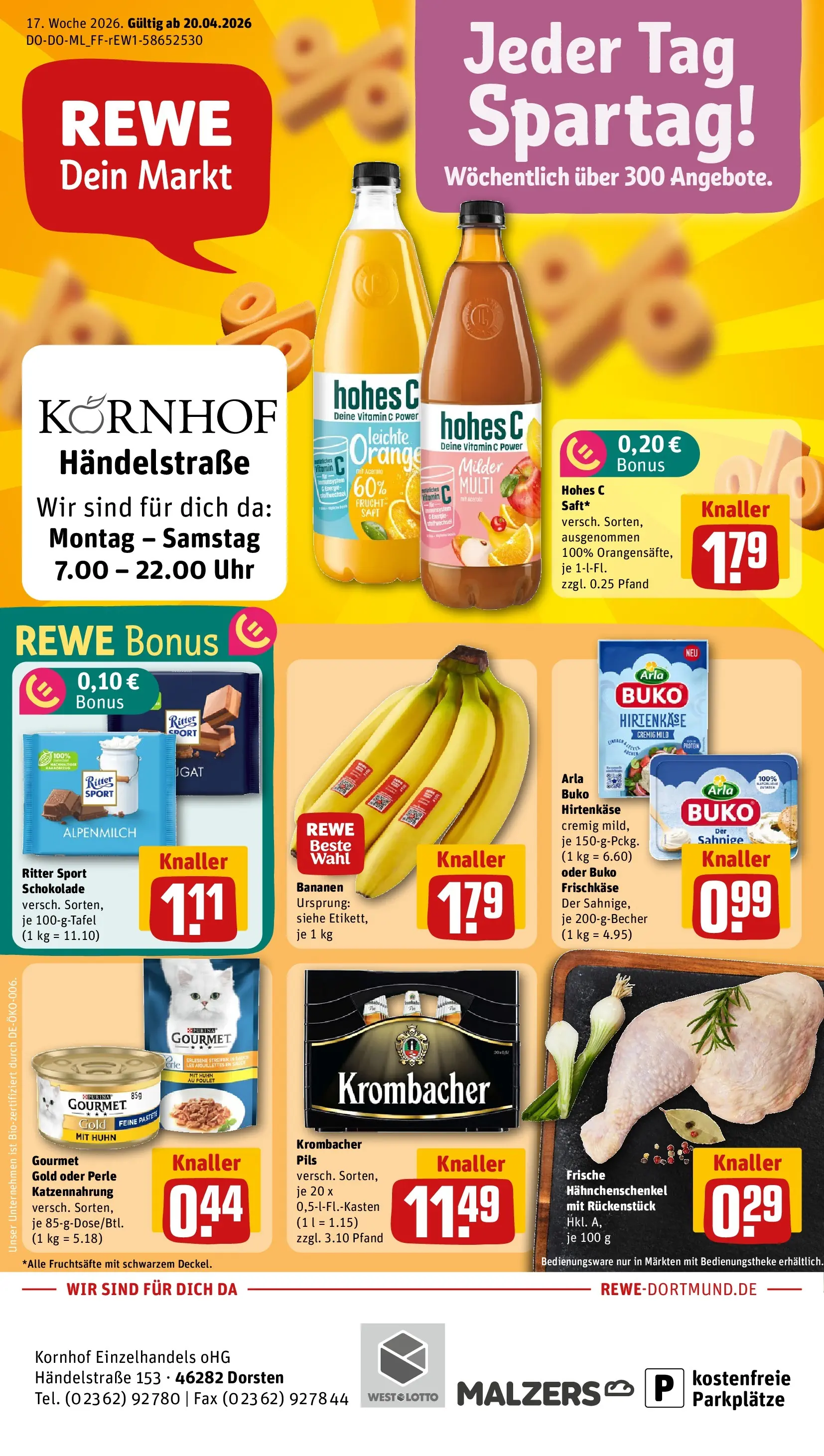 REWE Prospekt ab 20.04.2026 zum Blättern » Angebote | Seite: 1 | Produkte: Ritter sport, Bananen, Krombacher, Uhr