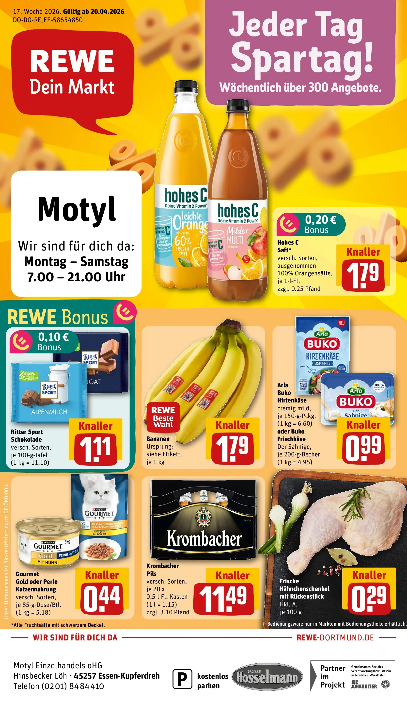 REWE Prospekt ab 20.04.2026 zum Blättern » Angebote | Seite: 1 | Produkte: Bäckerei, Hahnchenschenkel, Pils, Frischkase