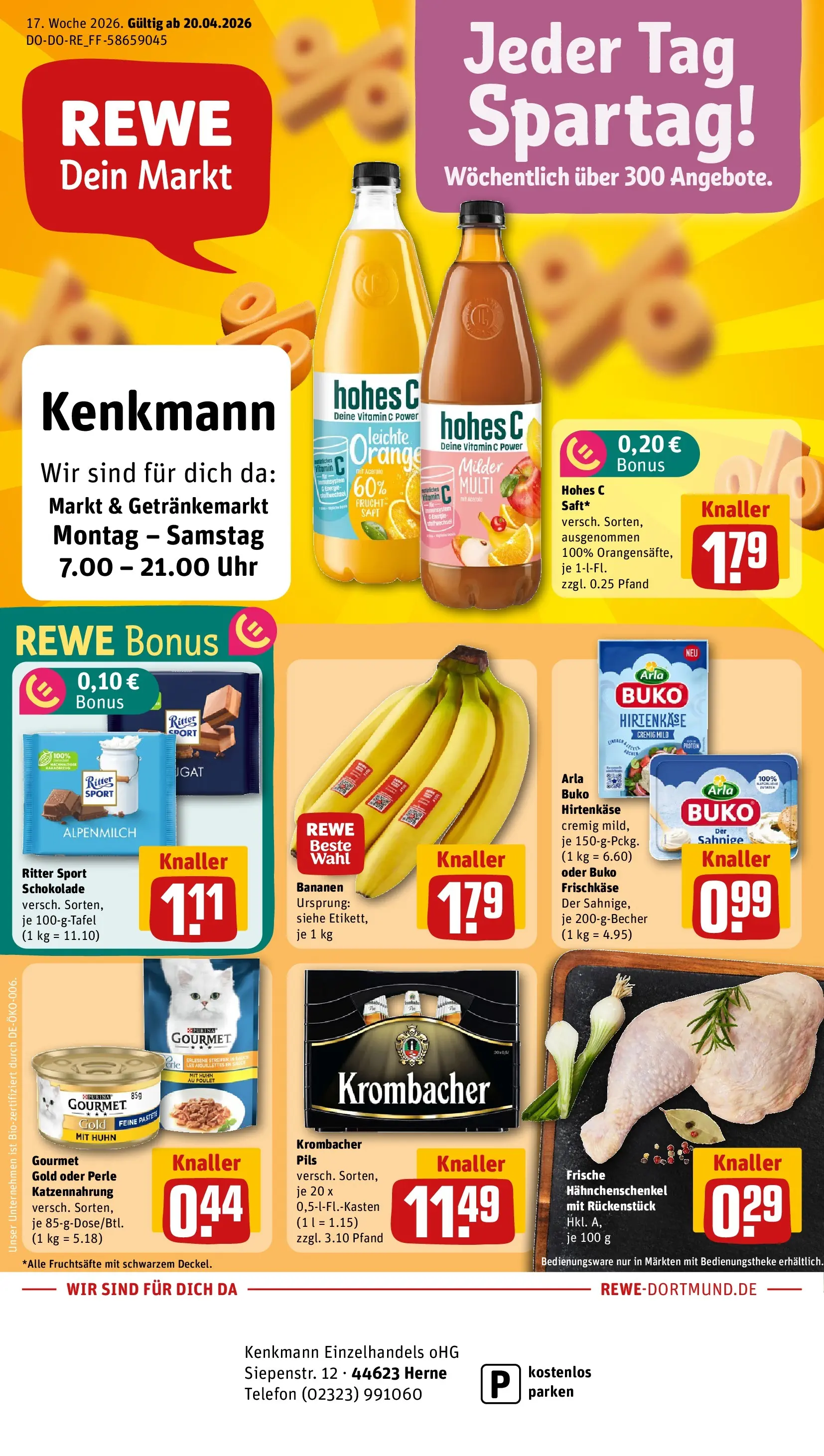 REWE Prospekt ab 20.04.2026 zum Blättern » Angebote | Seite: 1 | Produkte: Pils, Arla buko, Hohes c, Telefon