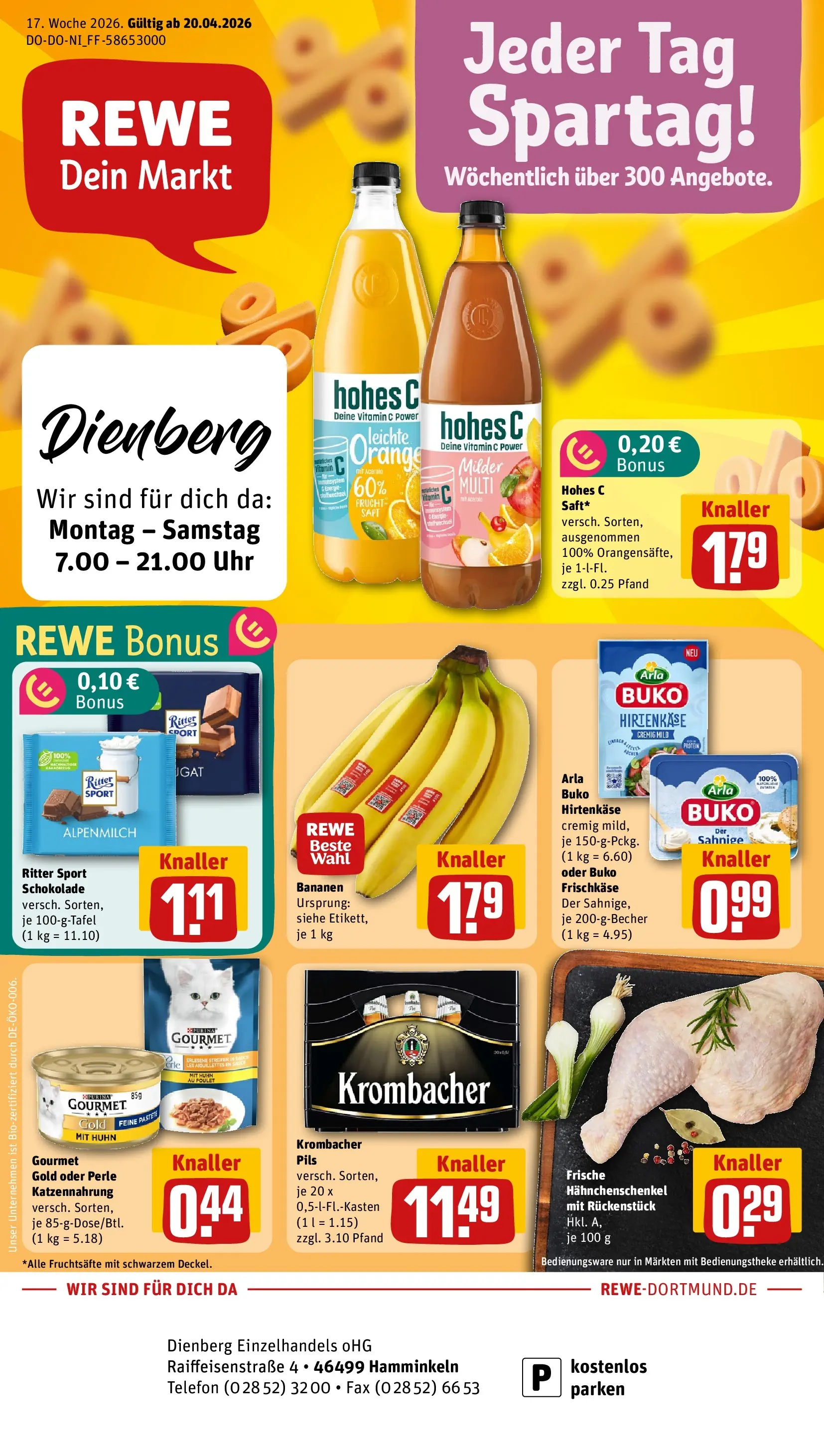 REWE Prospekt ab 20.04.2026 zum Blättern » Angebote | Seite: 1 | Produkte: Schokolade, Pils, Bananen, Arla buko