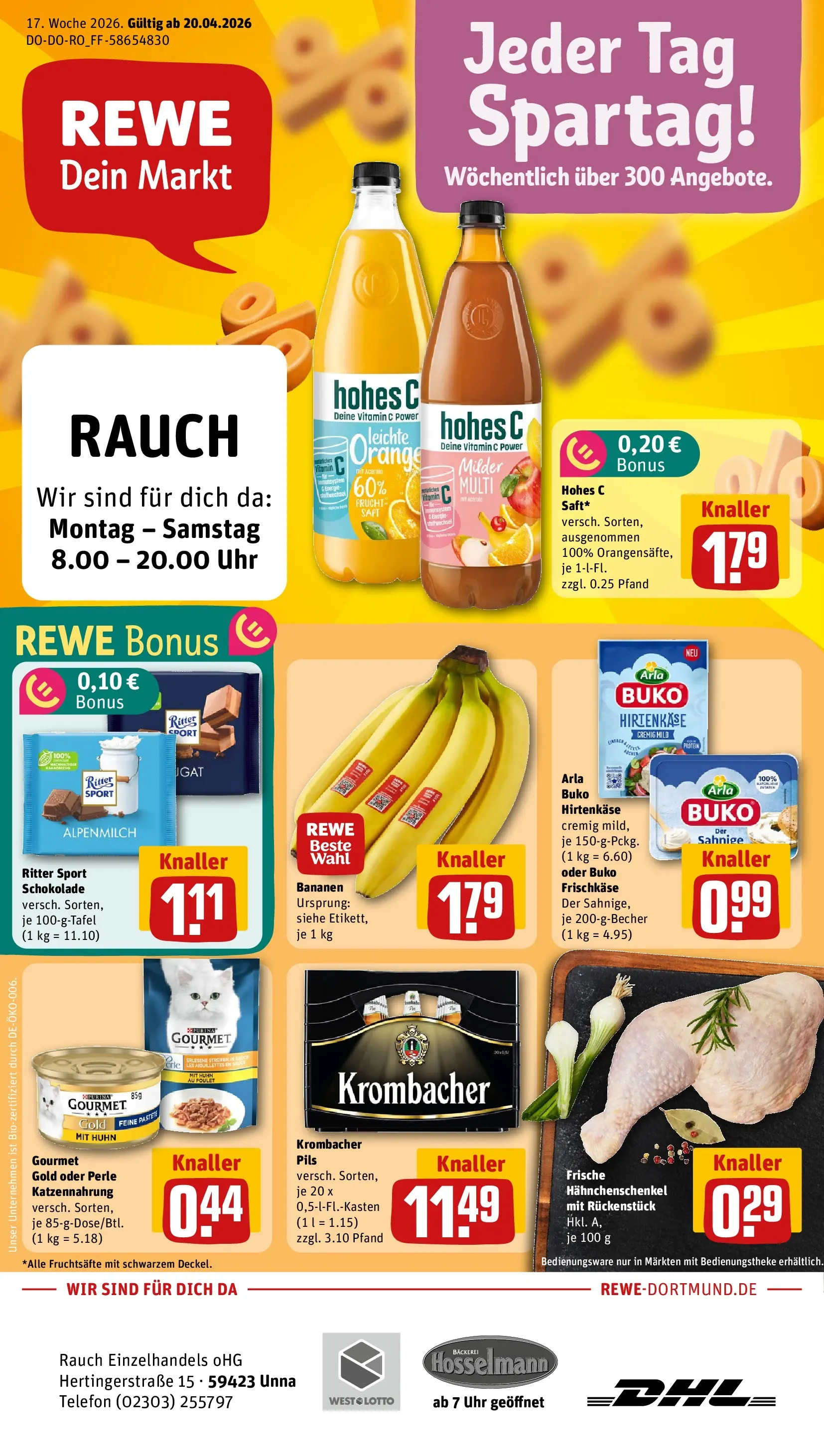REWE Prospekt ab 20.04.2026 zum Blättern » Angebote | Seite: 1 | Produkte: Pils, Bananen, Arla buko, Krombacher