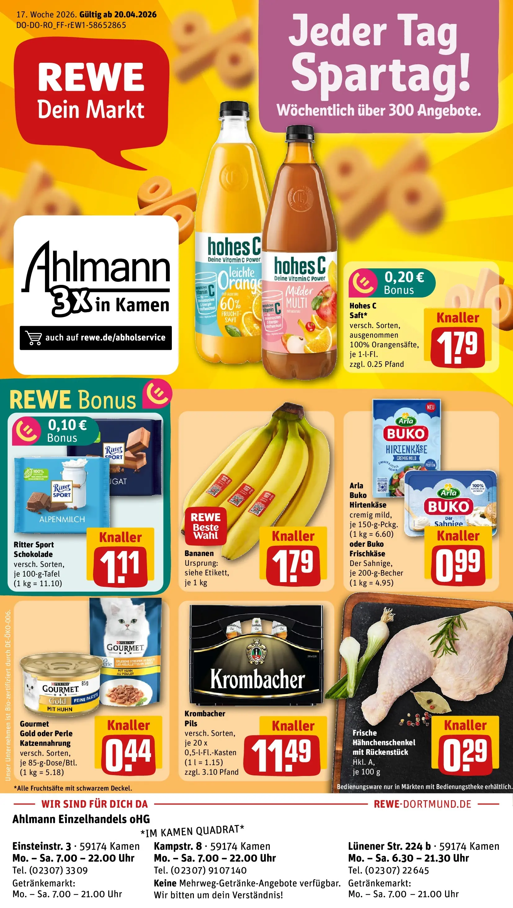 REWE Prospekt ab 20.04.2026 zum Blättern » Angebote | Seite: 1 | Produkte: Hahnchenschenkel, Arla buko, Krombacher, Frischkase