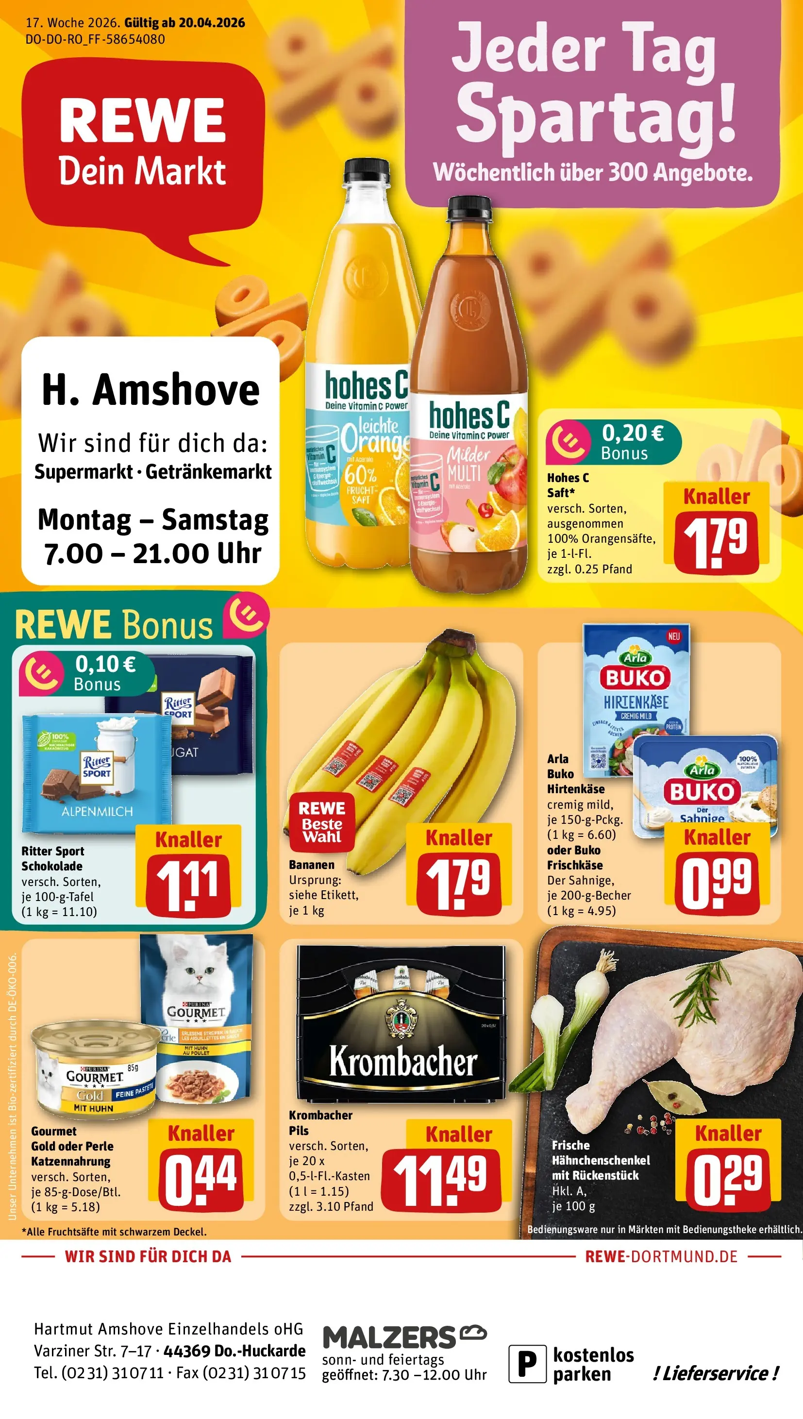 REWE Prospekt ab 20.04.2026 zum Blättern » Angebote | Seite: 1 | Produkte: Schokolade, Pils, Bananen, Krombacher