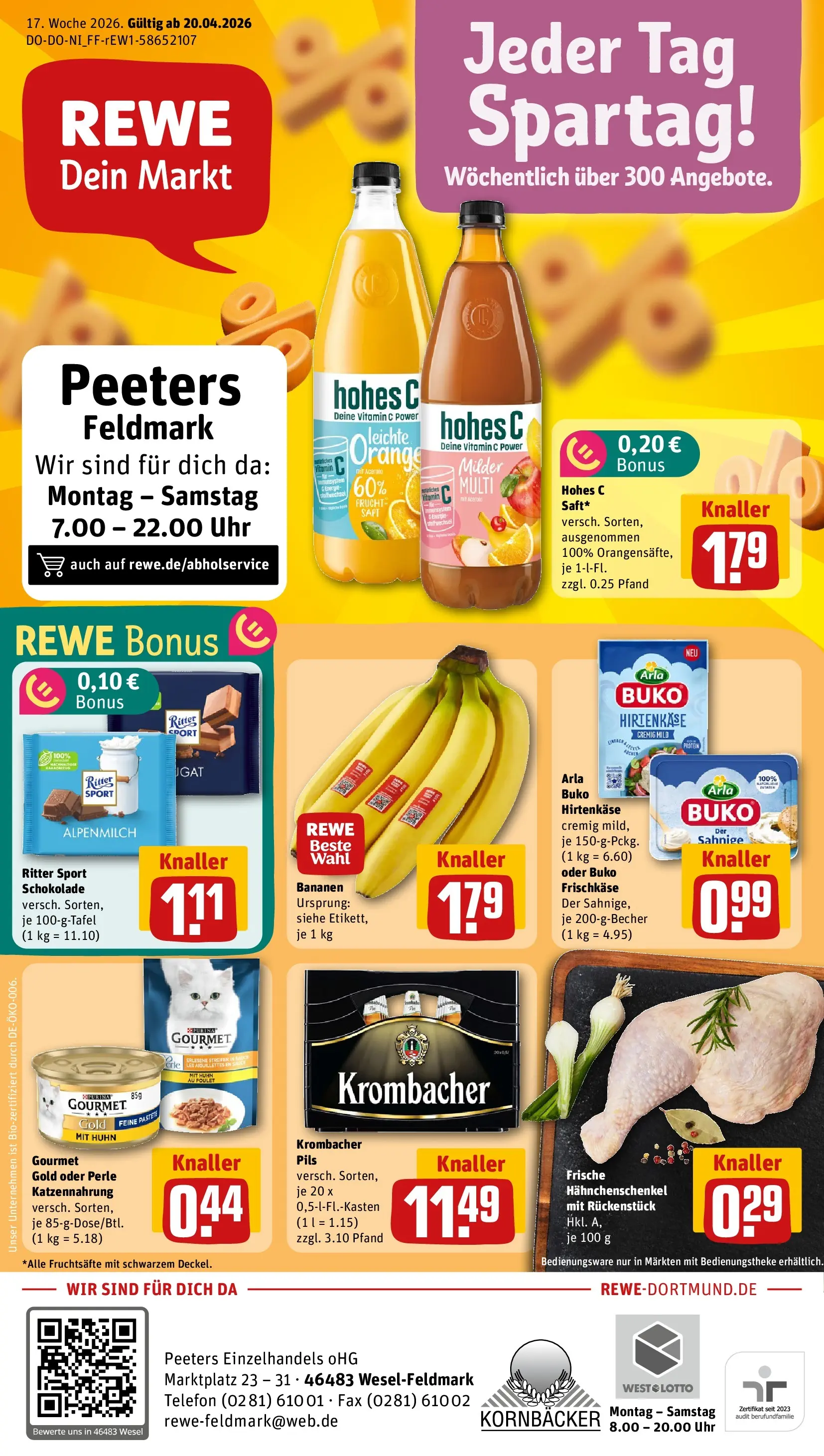 REWE Prospekt ab 20.04.2026 zum Blättern » Angebote | Seite: 1 | Produkte: Schokolade, Pils, Telefon, Uhr