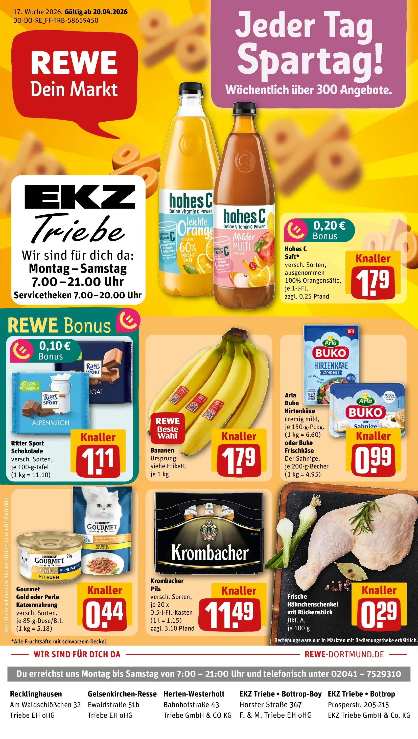 REWE Prospekt ab 20.04.2026 zum Blättern » Angebote | Seite: 1 | Produkte: Schokolade, Pils, Bananen, Arla buko