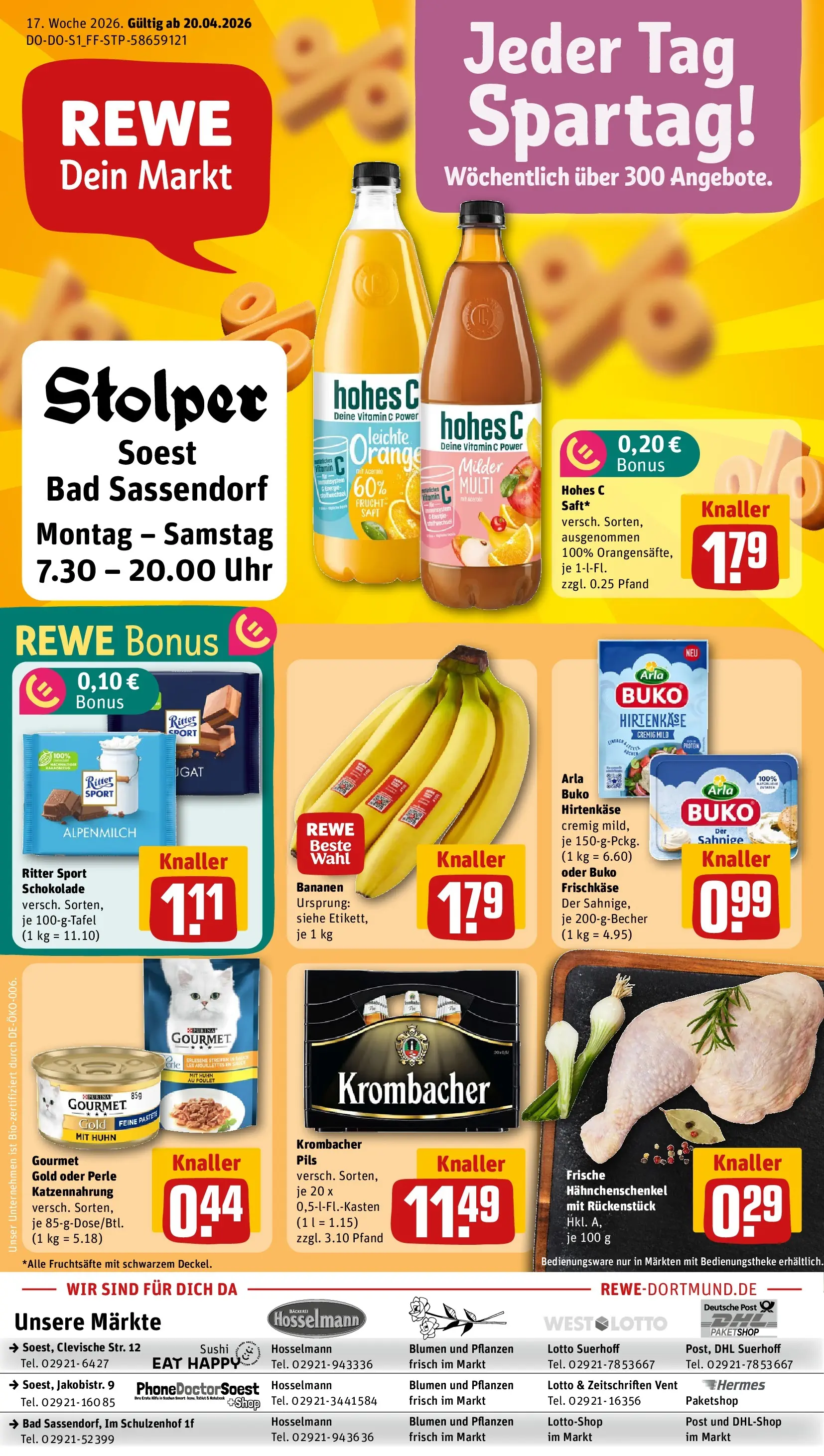 REWE Prospekt ab 20.04.2026 zum Blättern » Angebote | Seite: 1 | Produkte: Hahnchenschenkel, Pils, Arla buko, Frischkase