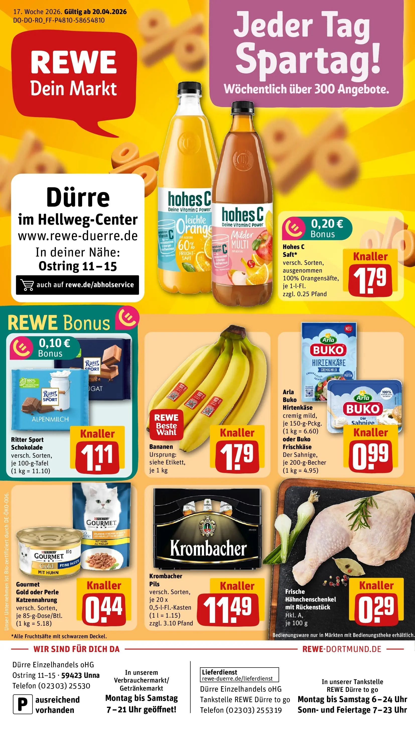 REWE Prospekt ab 20.04.2026 zum Blättern » Angebote | Seite: 1 | Produkte: Hahnchenschenkel, Schokolade, Arla buko, Telefon