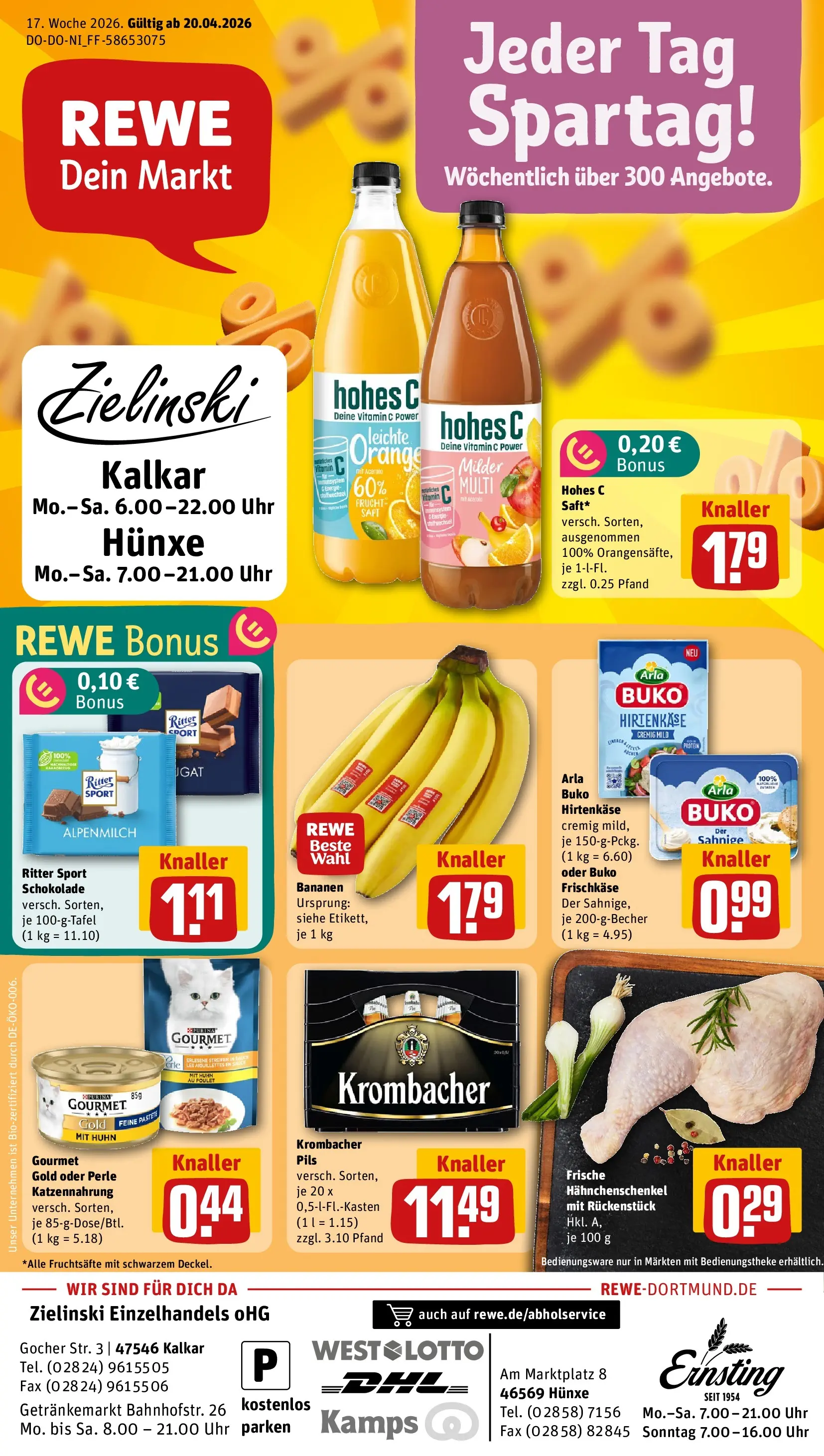 REWE Prospekt ab 20.04.2026 zum Blättern » Angebote | Seite: 1 | Produkte: Pils, Krombacher, Uhr, Frischkase