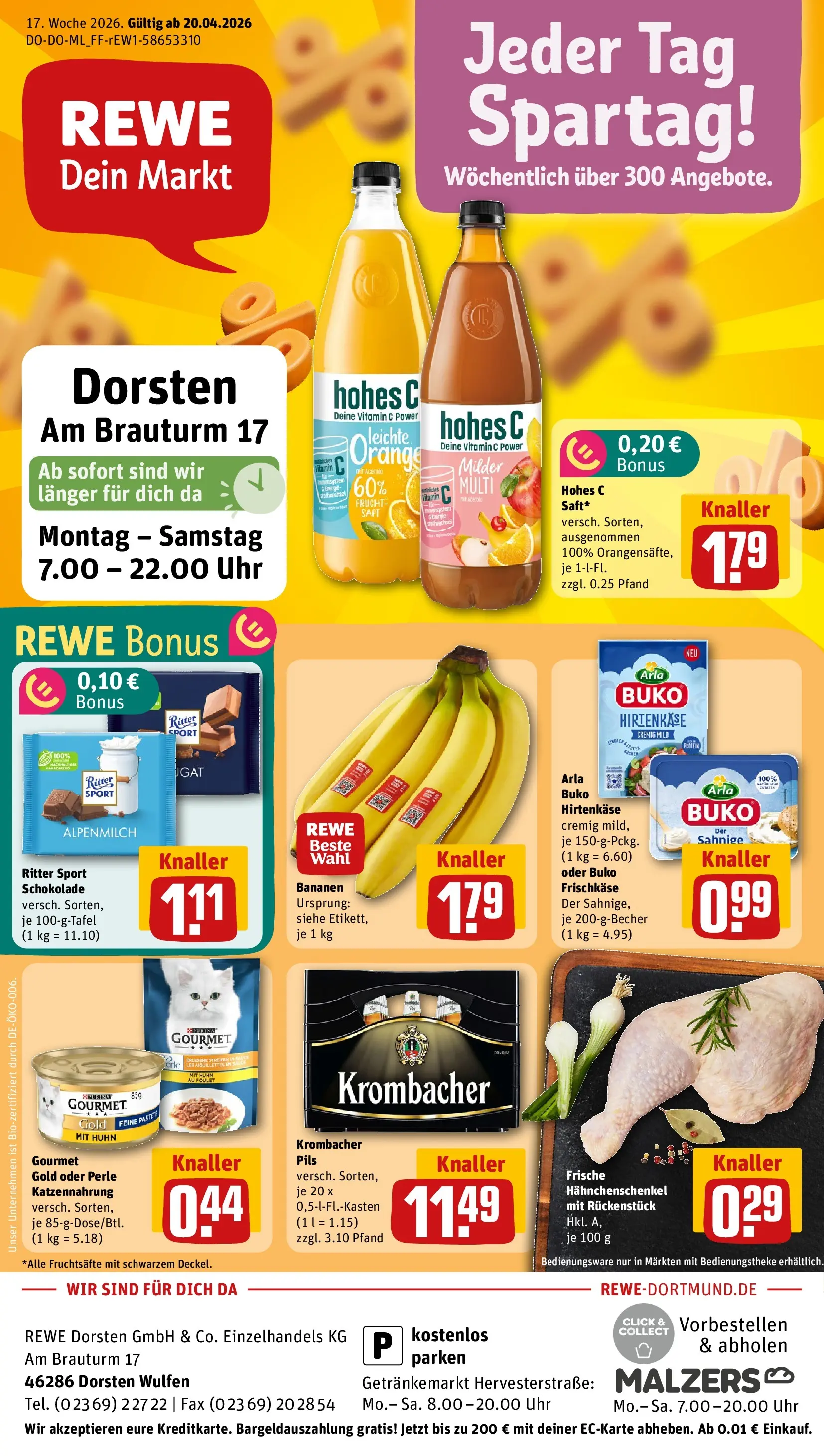 REWE Prospekt ab 20.04.2026 zum Blättern » Angebote | Seite: 1 | Produkte: Hahnchenschenkel, Arla buko, Krombacher, Frischkase