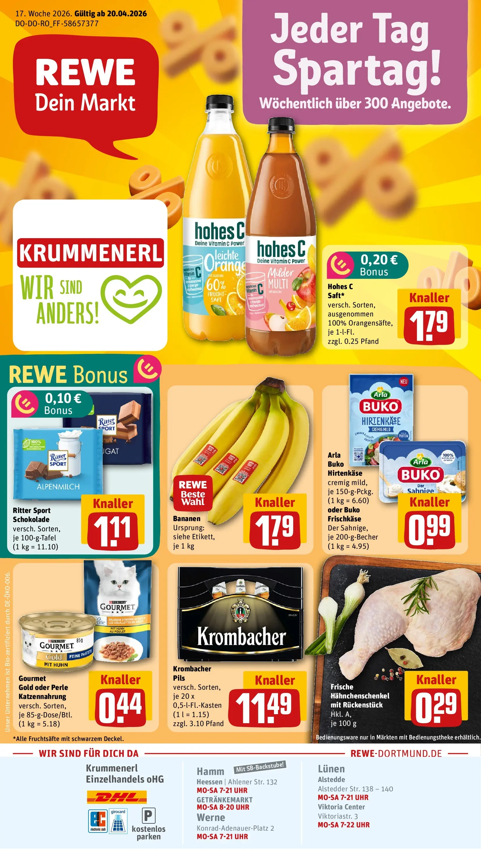 REWE Prospekt ab 20.04.2026 zum Blättern » Angebote | Seite: 1 | Produkte: Hahnchenschenkel, Schokolade, Bananen, Hohes c