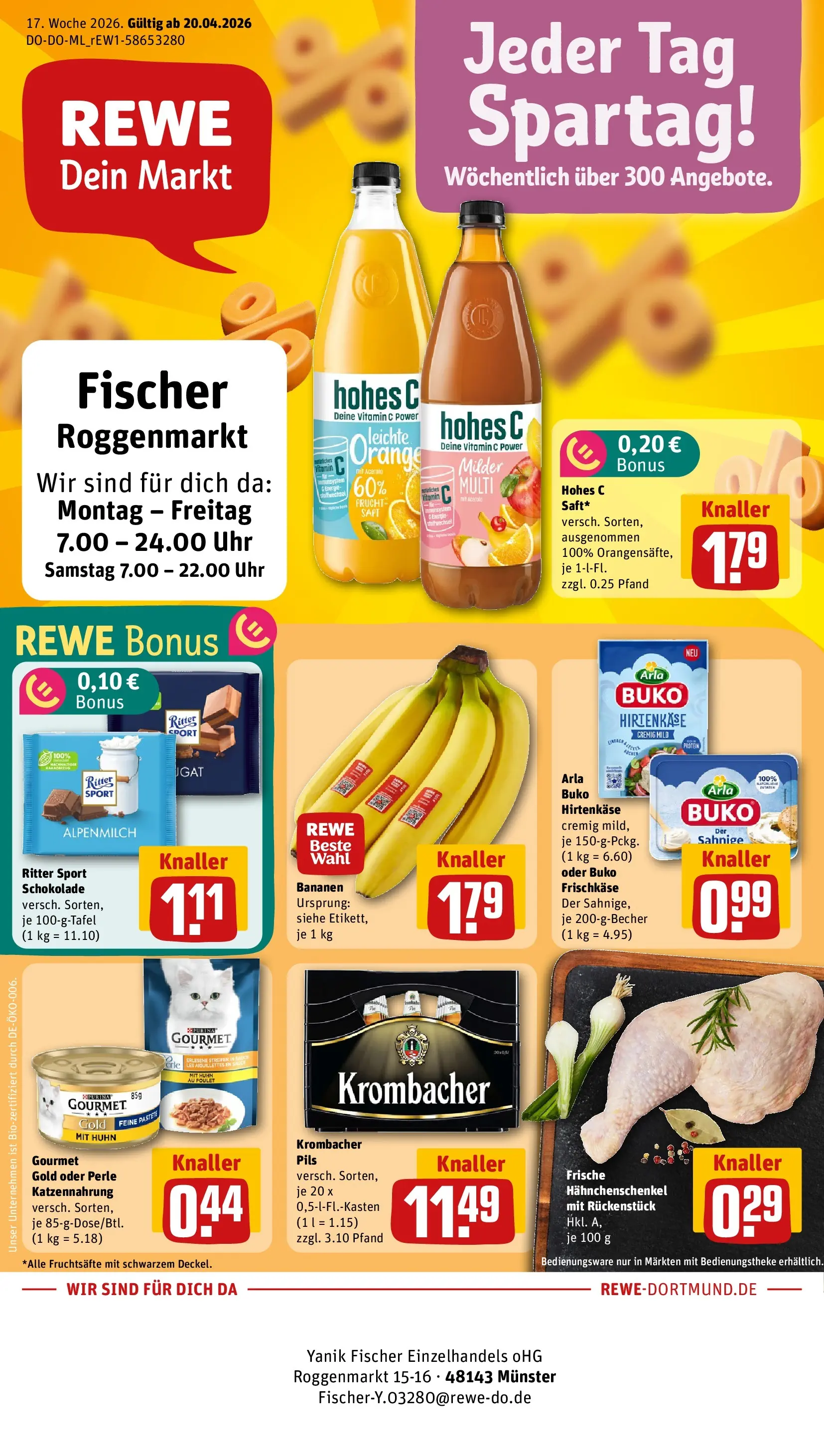 REWE Prospekt ab 20.04.2026 zum Blättern » Angebote | Seite: 1 | Produkte: Hahnchenschenkel, Bananen, Hohes c, Frischkase
