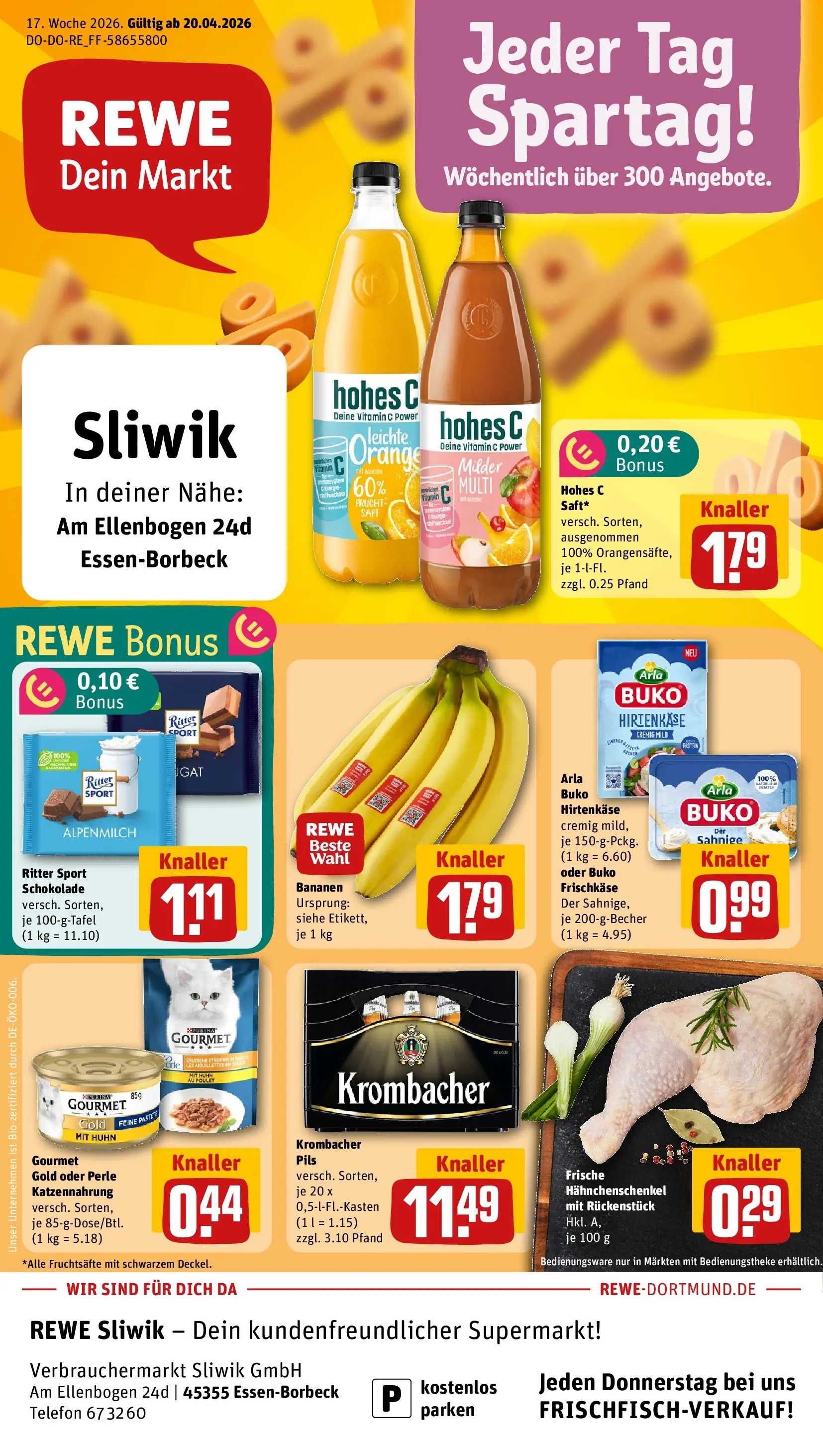 REWE Prospekt ab 20.04.2026 zum Blättern » Angebote | Seite: 1 | Produkte: Hahnchenschenkel, Schokolade, Arla buko, Hohes c